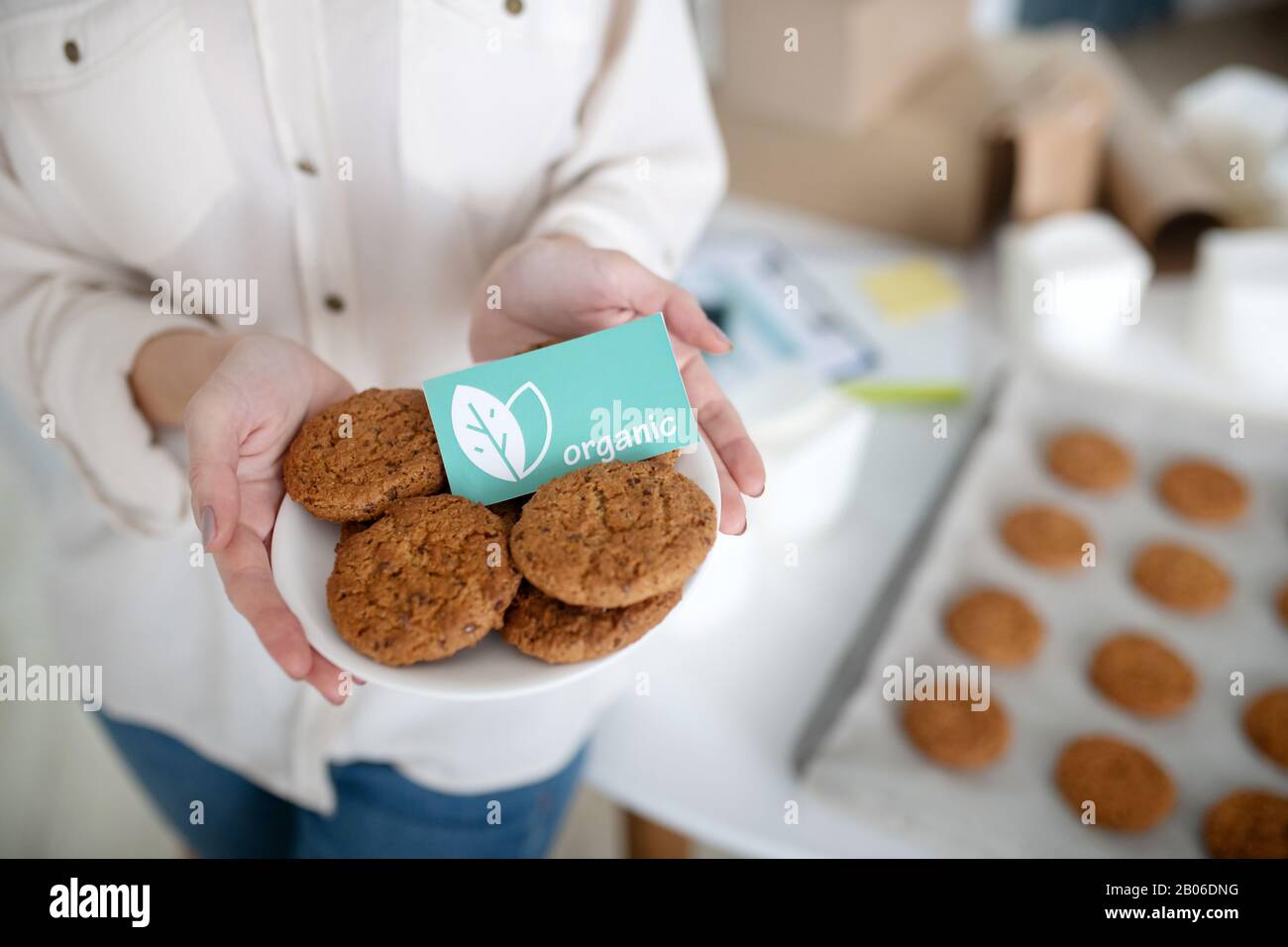 Mains féminines tenant une soucoupe avec des cookies de régime. Banque D'Images