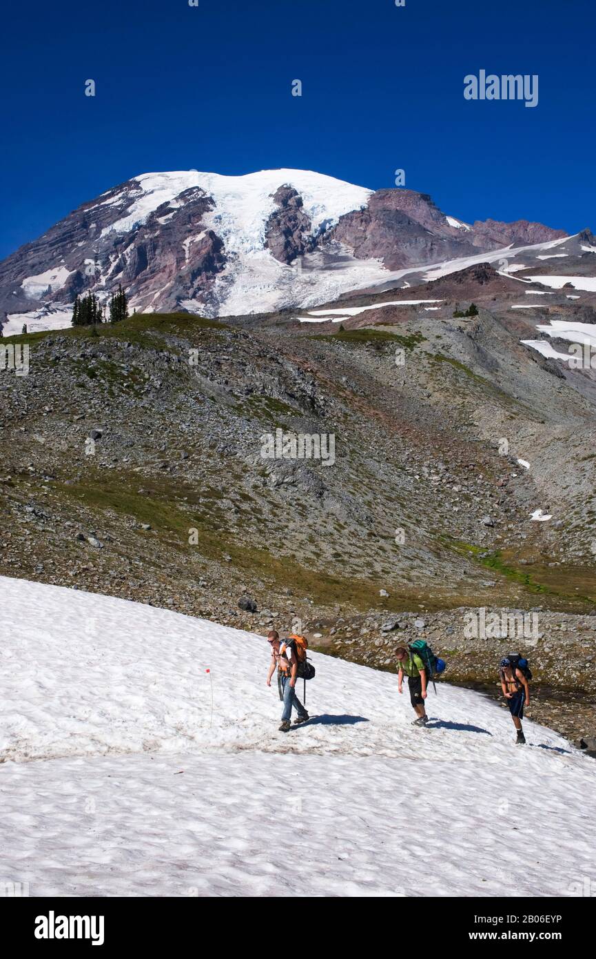 ÉTATS-UNIS, ÉTAT DE WASHINGTON, MT. RAINIER NATIONAL PARK, HORIZON TRAIL, BACKPACKERS AVEC MT. RAINIER EN ARRIÈRE-PLAN Banque D'Images