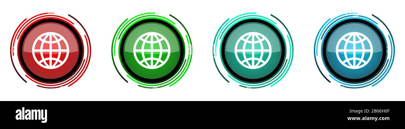 Icônes vectorielles brillantes globe-rond, ensemble de boutons pour webdesign, Internet et applications de téléphone mobile dans quatre couleurs isolées sur le backgro blanc Illustration de Vecteur