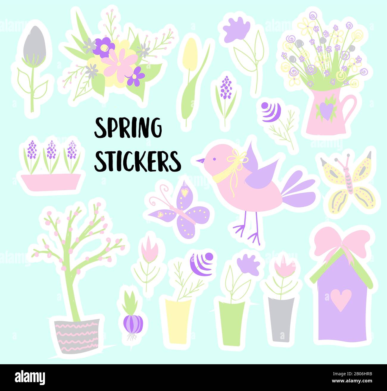 Pâques. Autocollants de ressort. Joyeuses pâques. Éléments pour la création de cartes postales. Oiseau, fleurs birdhouse couleurs Pastel Banque D'Images