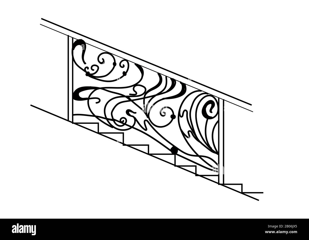 Clôture forgée. La clôture en fer. La forge est des boucles d'art. Rampe élégante pour les escaliers. Métal et fer. Esquisse. Banque D'Images