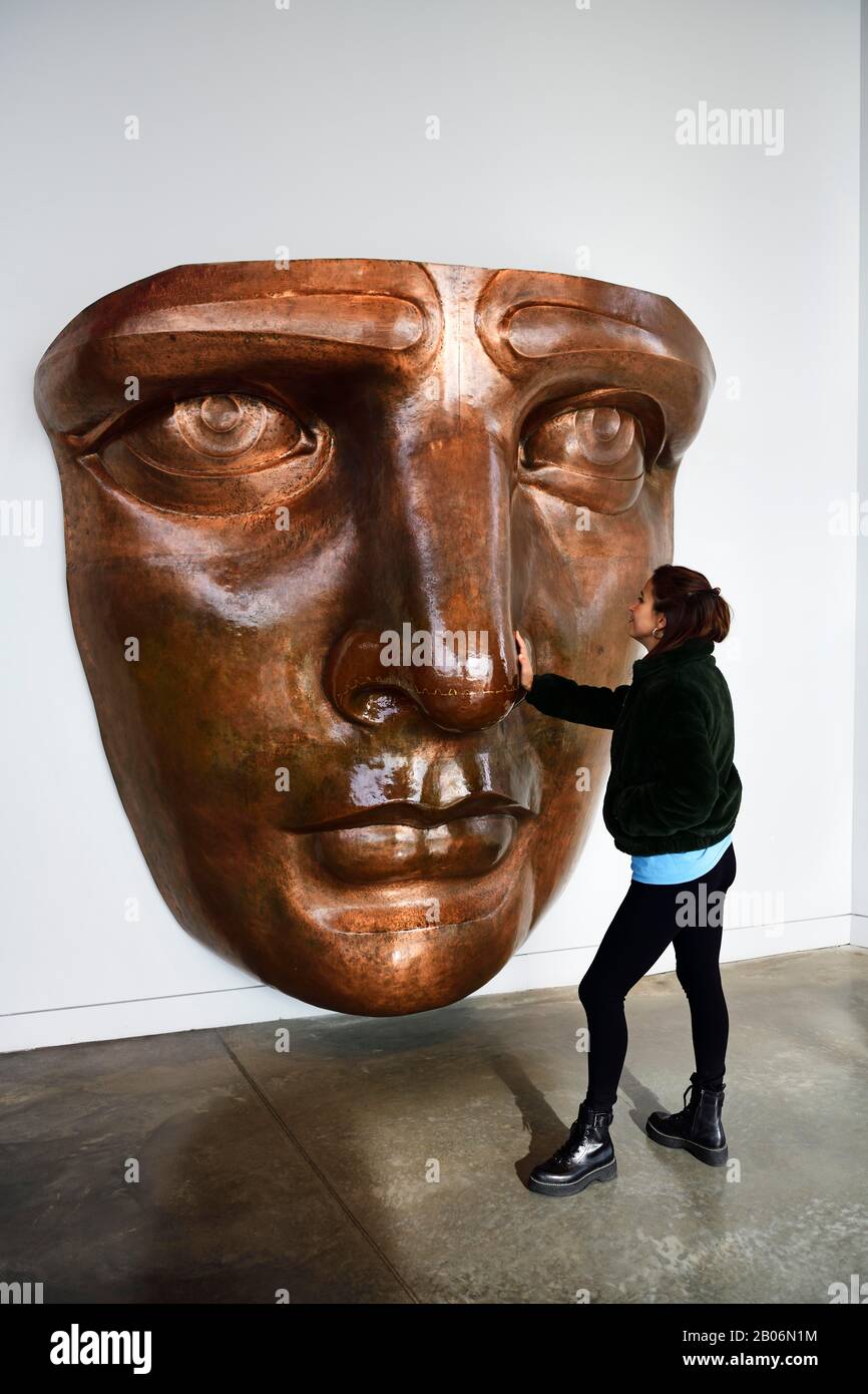 Face de la Statue de la liberté comme modèle de cuivre dans le musée, Liberty Island, New York City, New York State, États-Unis Banque D'Images