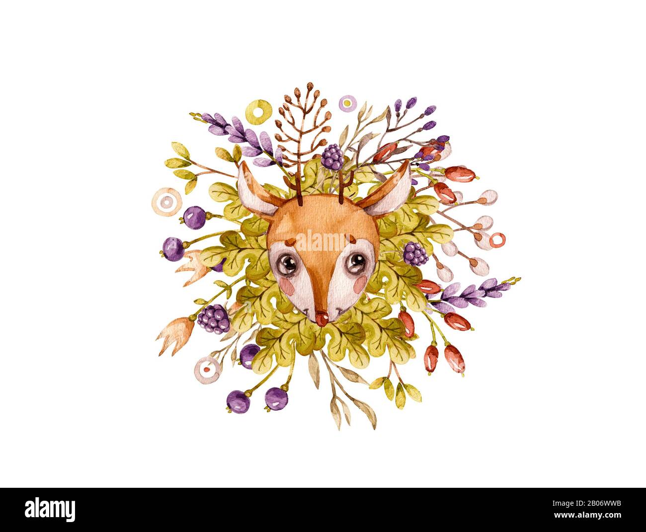 Aquarelle Wild portrait Deer. Joli animal de forêt. Cerf aquarelle, fleurs. Illustration rustique sur fond blanc. Contexte abstrait. Invitation b Banque D'Images