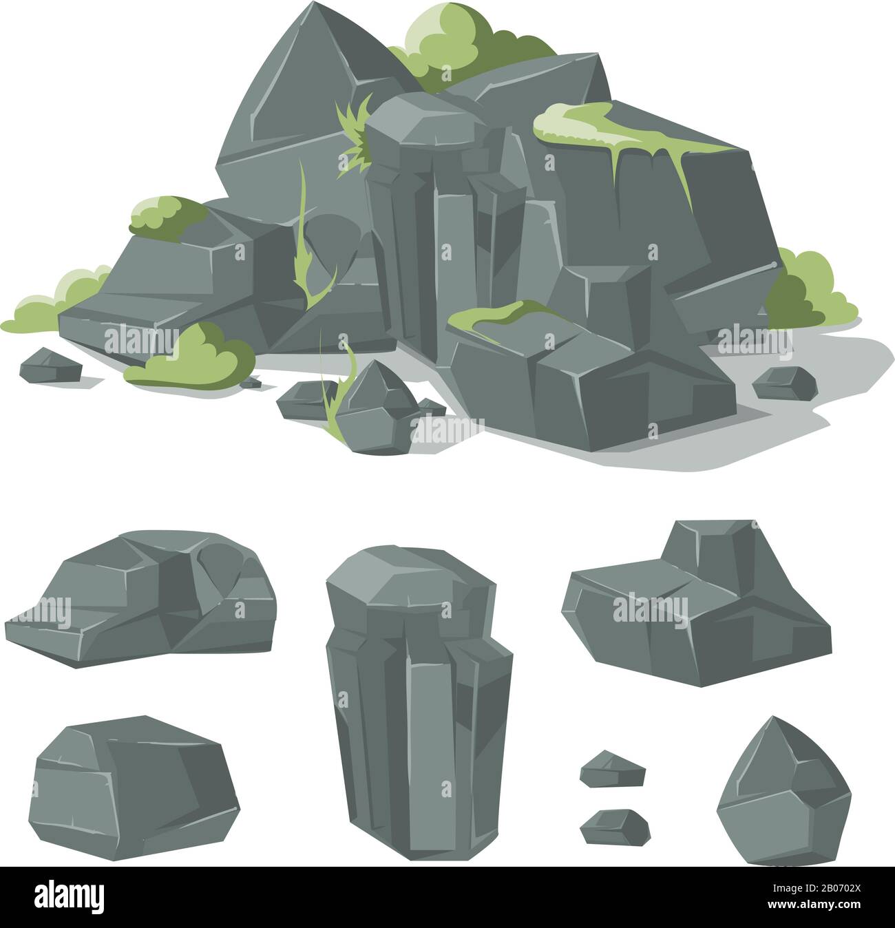 Pierres et roches caricatures nature Boulder avec herbe et mousse pour la conception d'interface de jeu. Illustration vectorielle Illustration de Vecteur