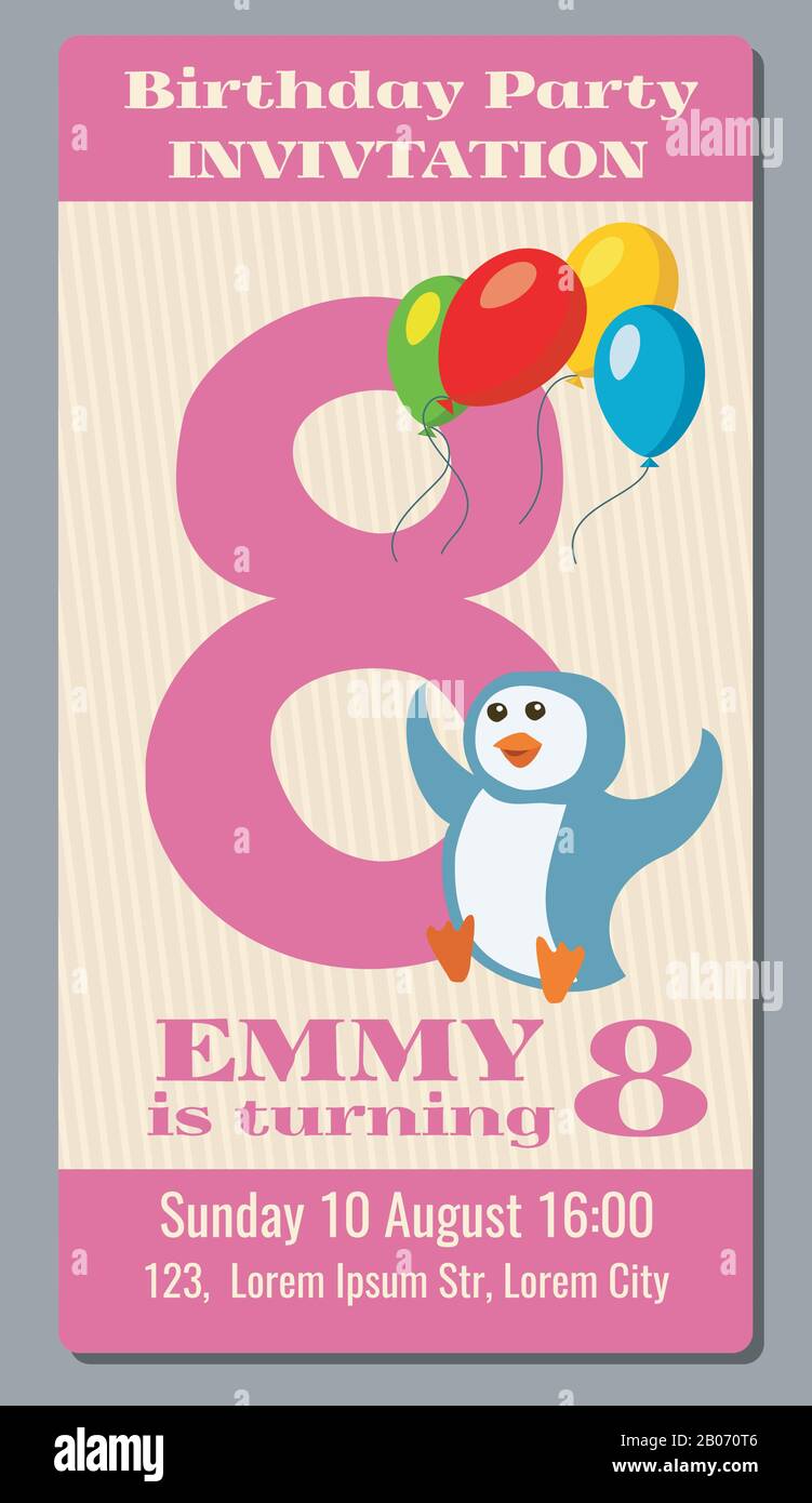 Billet vectoriel pour invitation à la fête d'anniversaire avec un pingouin drôle pour les enfants de 8 ans. Événement d'anniversaire avec illustration des pingouins de caractère Illustration de Vecteur