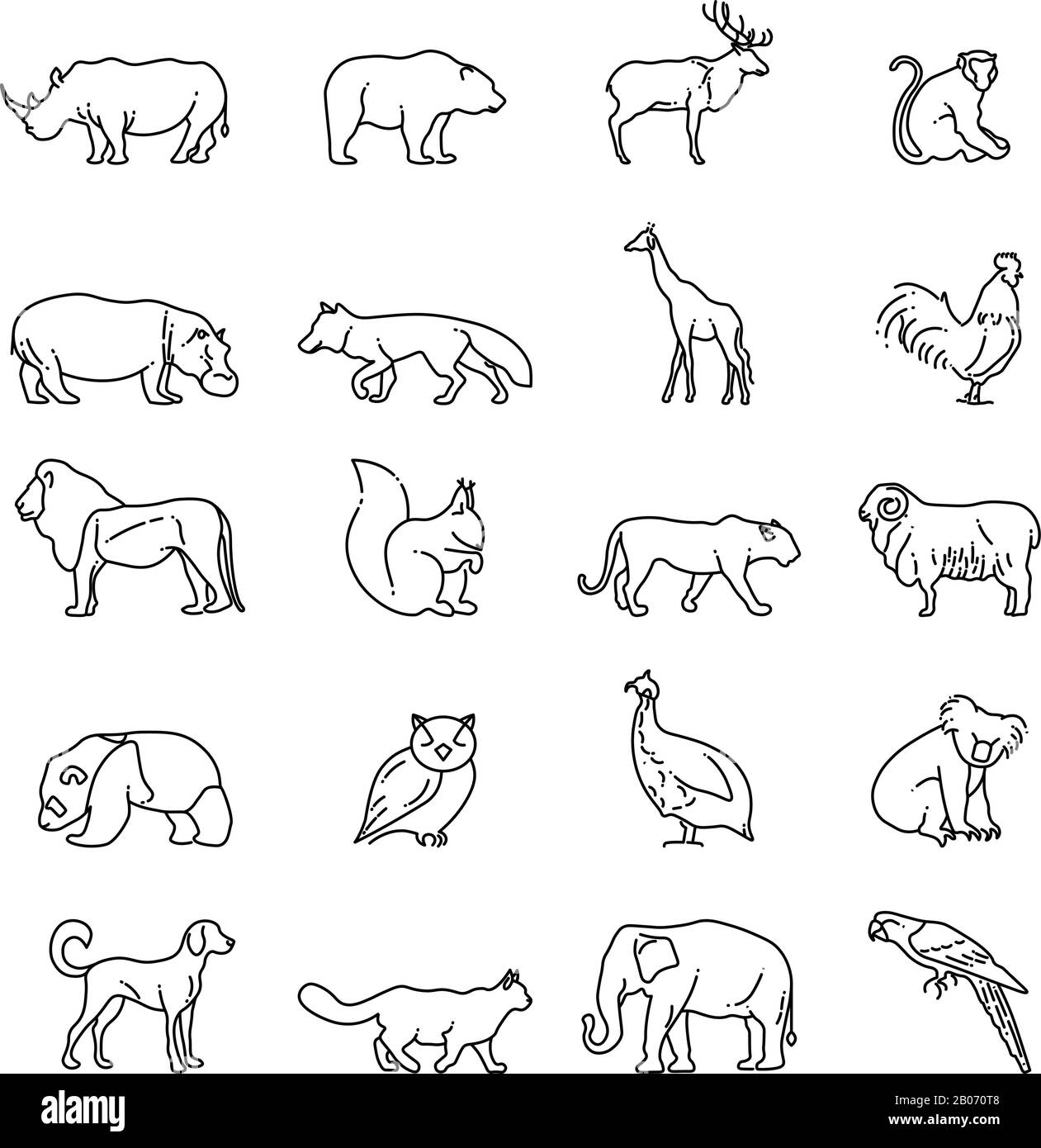 Icônes de vecteur de ligne mince pour animaux. Giraffe et tigre, moutons et koala dans l'illustration de style linéaire Illustration de Vecteur