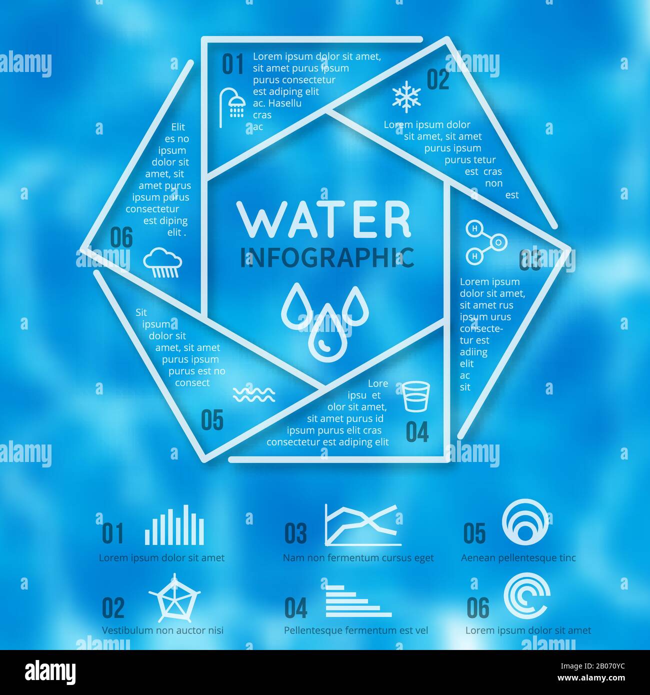 Modèle vectoriel infographie sur l'eau avec fond flou de texture de l'eau et icônes d'aqua de ligne. Bannière avec informations de rapport sur l'illustration de l'eau Illustration de Vecteur
