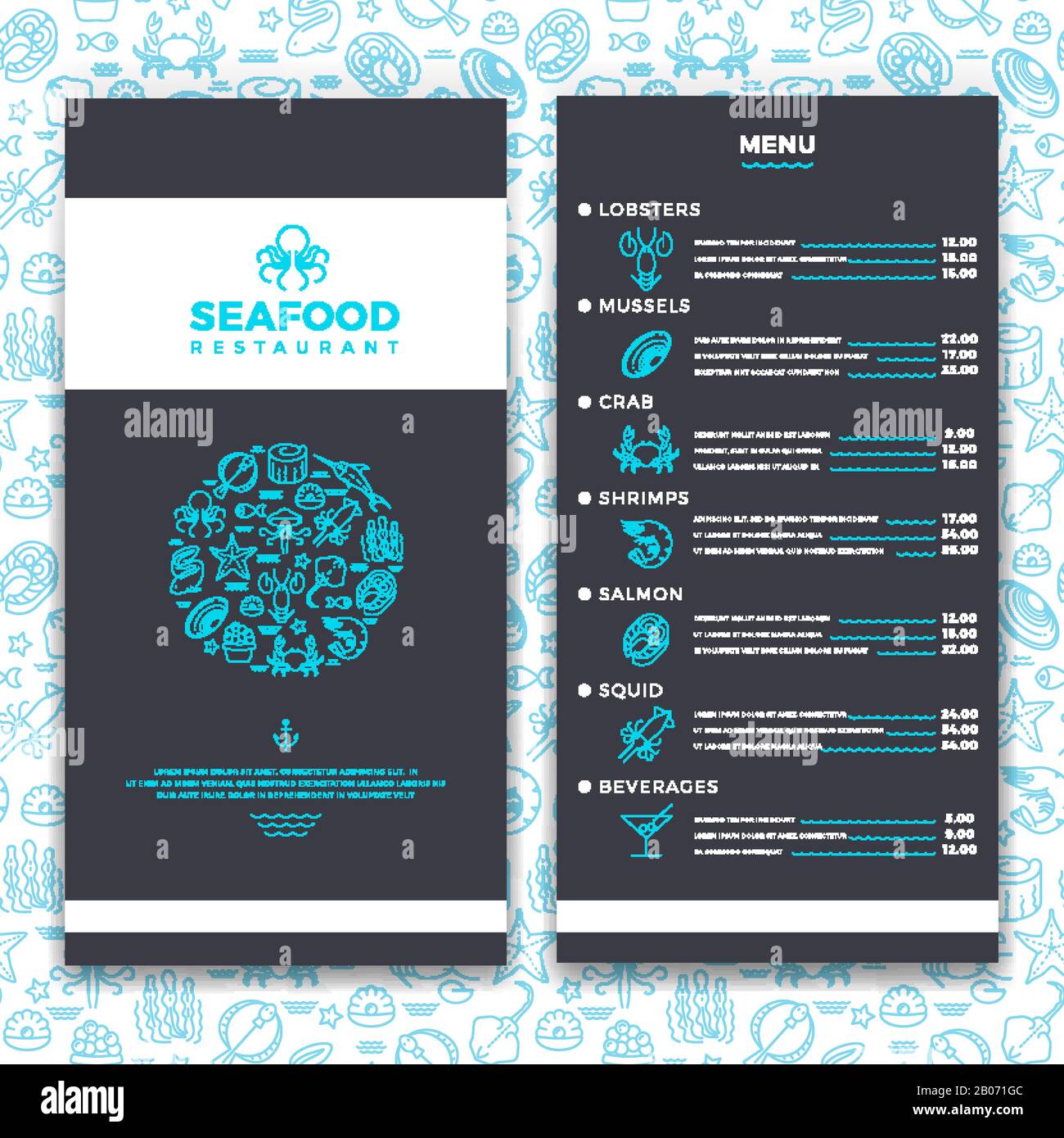 Restaurant de fruits de mer moderne, modèle vectoriel de menu de brochure de café avec des icônes de ligne de nourriture de mer. Illustration des moules et du crabe, du saumon et du calmar Illustration de Vecteur