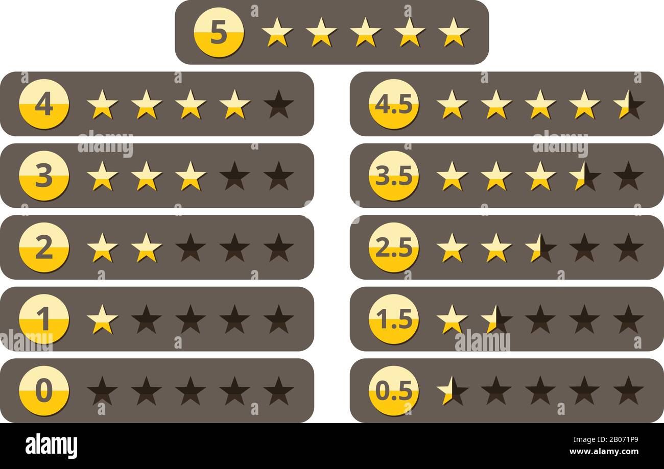 Classement des étoiles, les meilleures icônes vectorielles de classement des cinq étoiles jaunes sont définies. Succès et meilleure qualité, illustration du classement Web Illustration de Vecteur