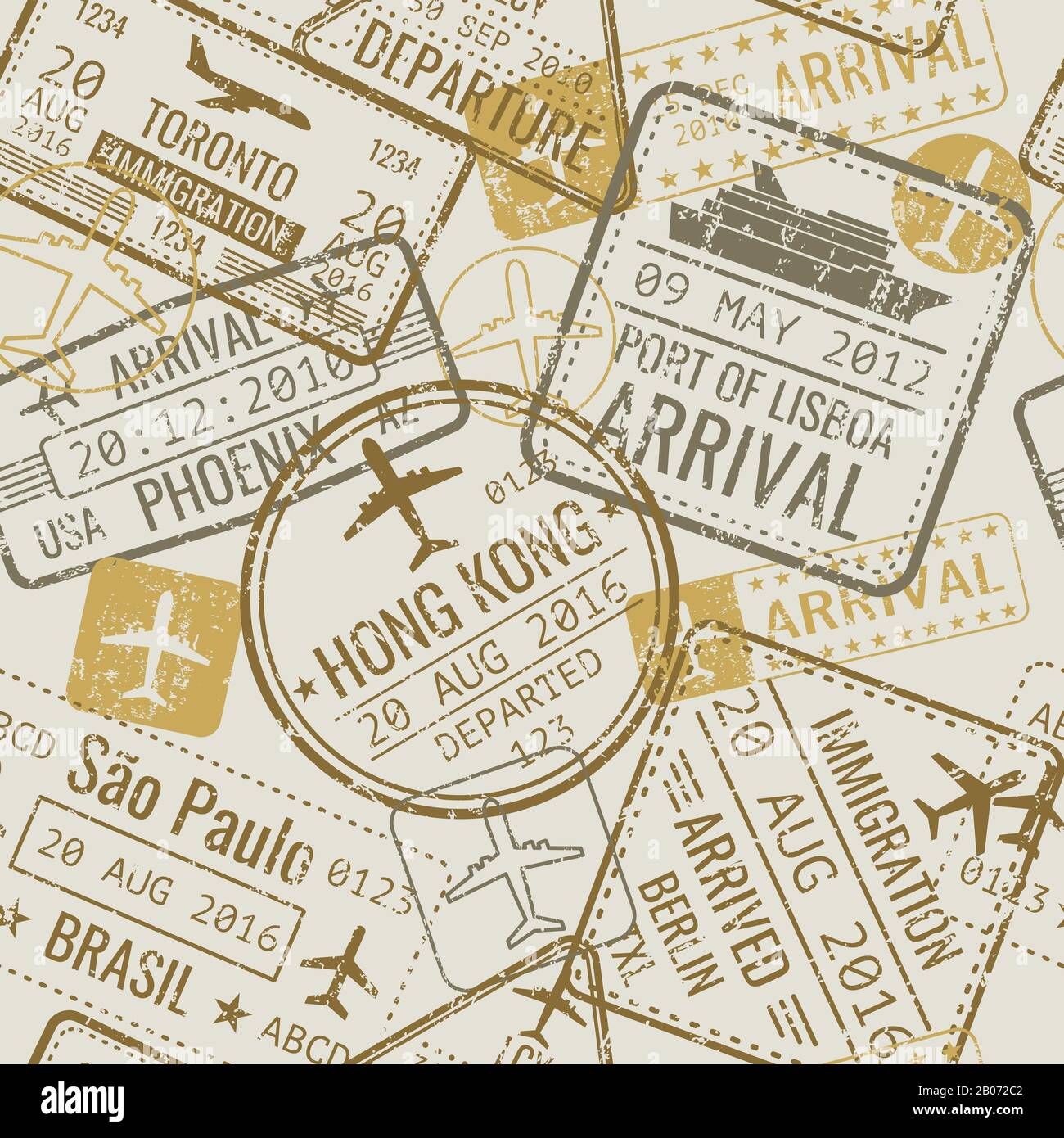 Visa de voyage vintage timbres vecteur sans couture arrière-plan. Tourisme et contrôle officiel dans l'illustration de l'aéroport Illustration de Vecteur