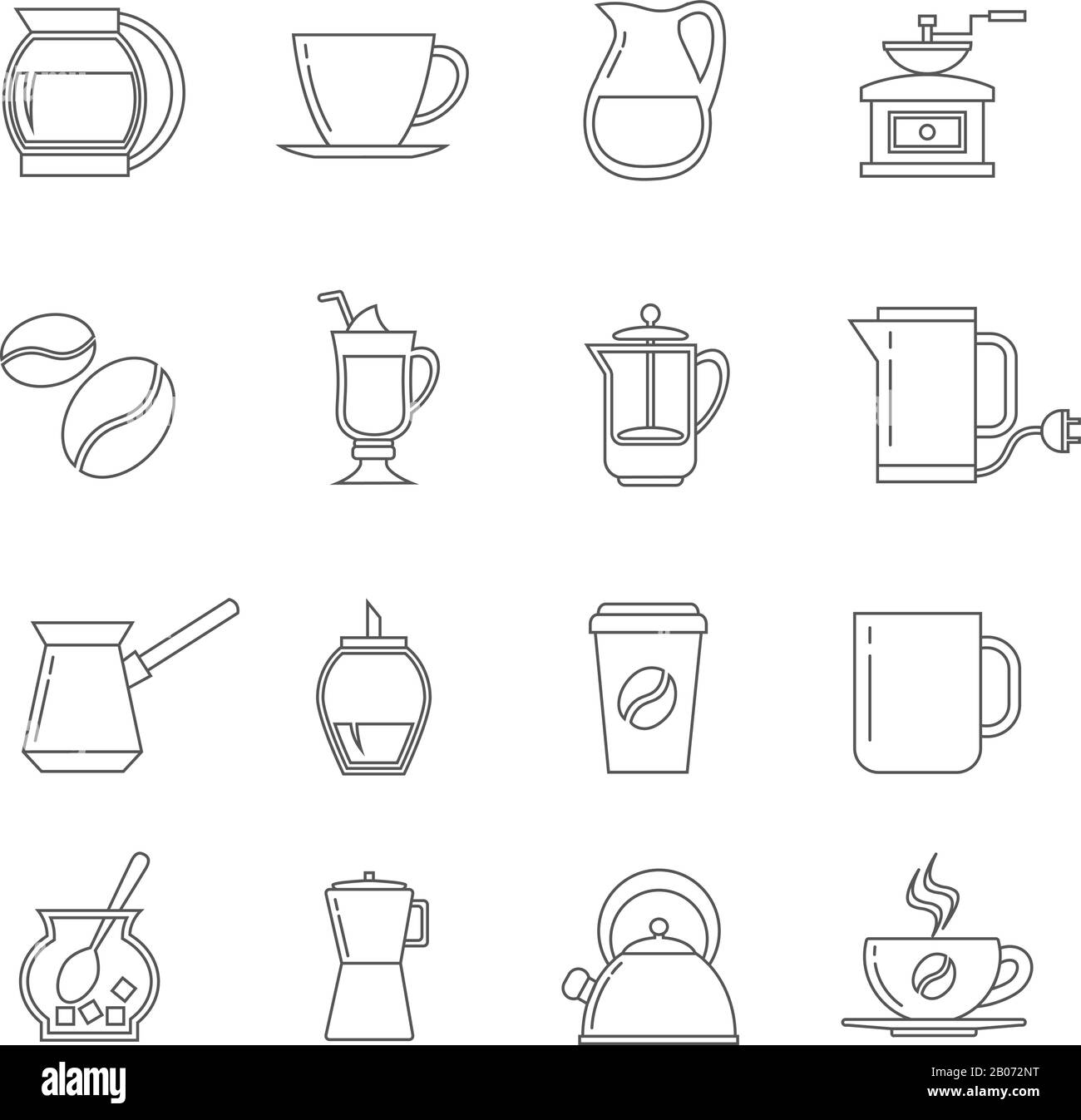 Ensemble d'icônes vectorielles de la fine ligne de café. Délicieux Latte avec sucre, boisson chaude dans une illustration de style linéaire Illustration de Vecteur
