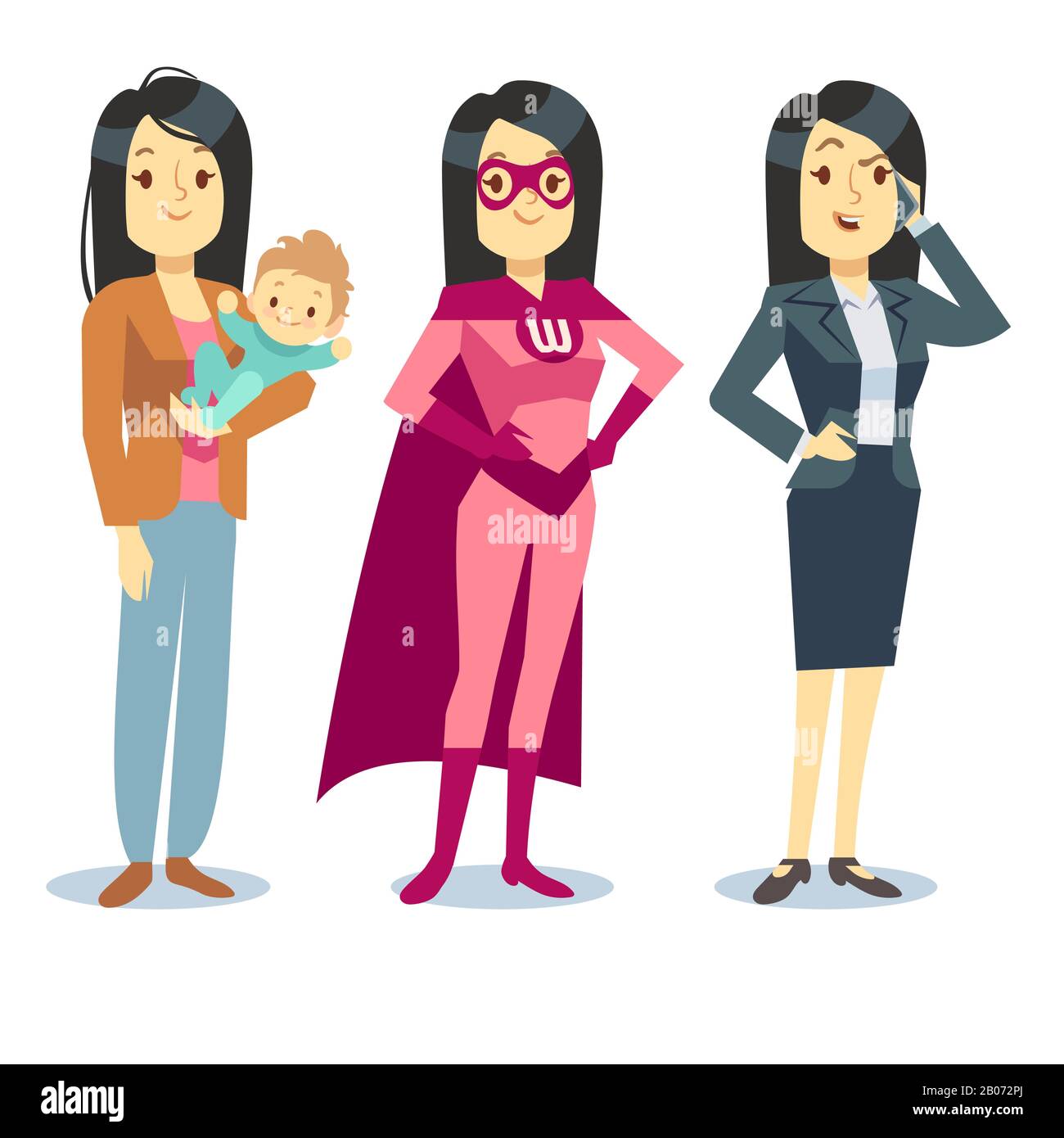 Super femme en costume de super-héros, maman avec bébé, femme d'affaires équilibre vectoriel concept. Illustration de la maternité et de l'emploi professionnel Illustration de Vecteur