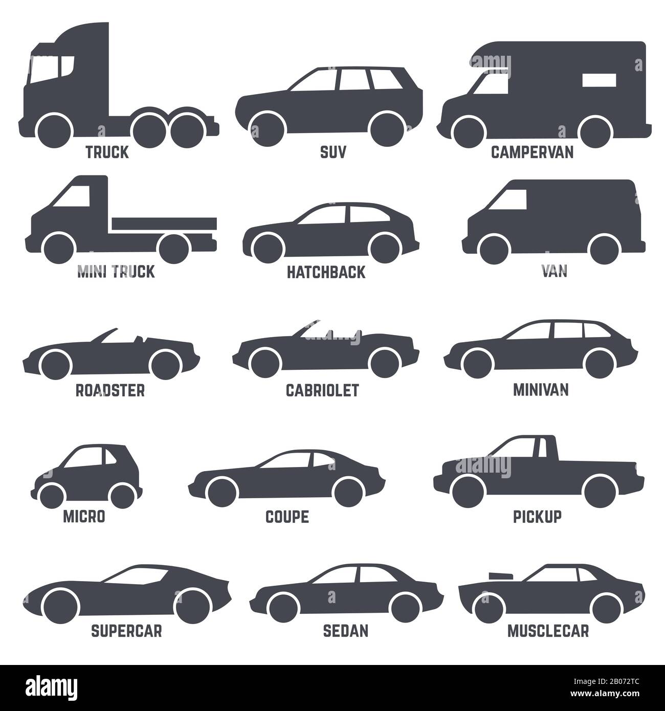 Automobile types de voiture icônes vectorielles noires isolées sur fond blanc. Illustration du HATCHBACK et de la route, du cabriolet et du minibus Illustration de Vecteur