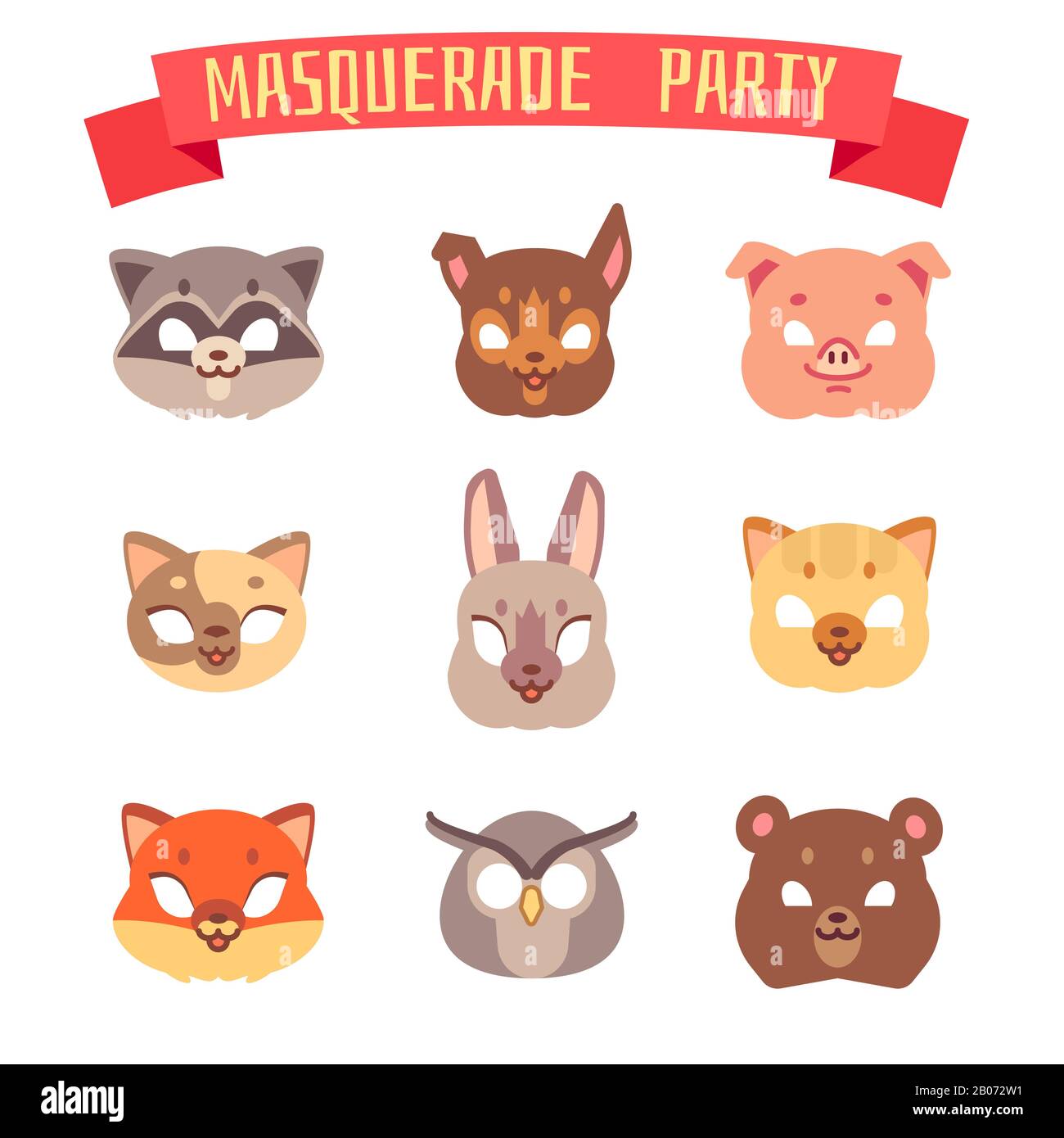 Animaux party masques vecteur jeu. Illustration des chats et des ours, des chouettes et des renards Illustration de Vecteur