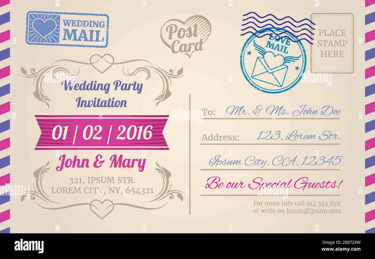 Modèle vectoriel vintage de carte postale pour l'invitation de mariage, lettre d'amour, jour de valentines. Carte d'invitation pour l'illustration des invités Illustration de Vecteur
