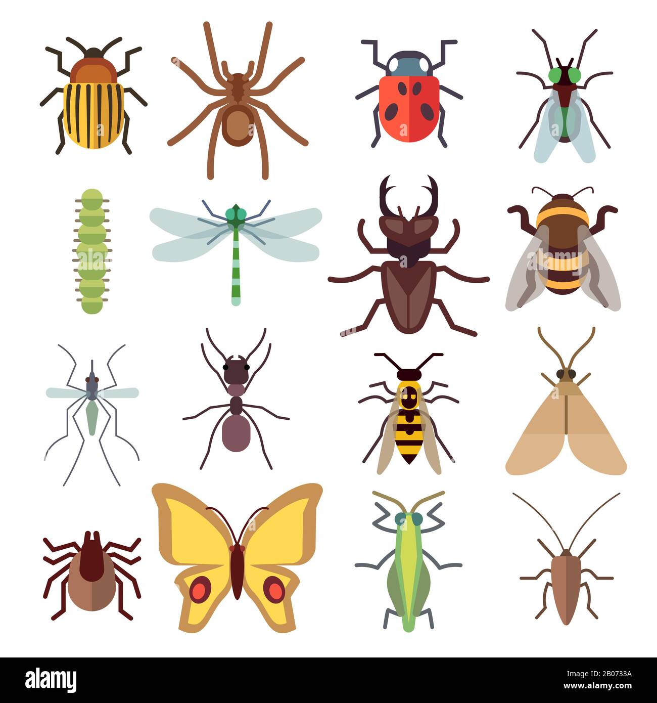 Icônes plates insectes isolées sur fond blanc. Bug et moustique, mouche et araignée. Illustration vectorielle Illustration de Vecteur