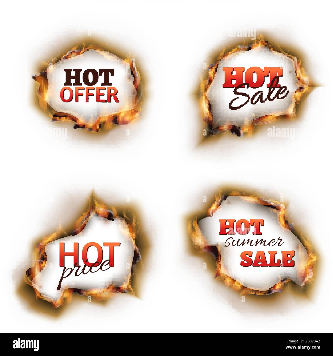 Vente chaude d'été feu publicité éléments de trou brûlé ensemble. Offre chaude et prix . Illustration vectorielle Illustration de Vecteur