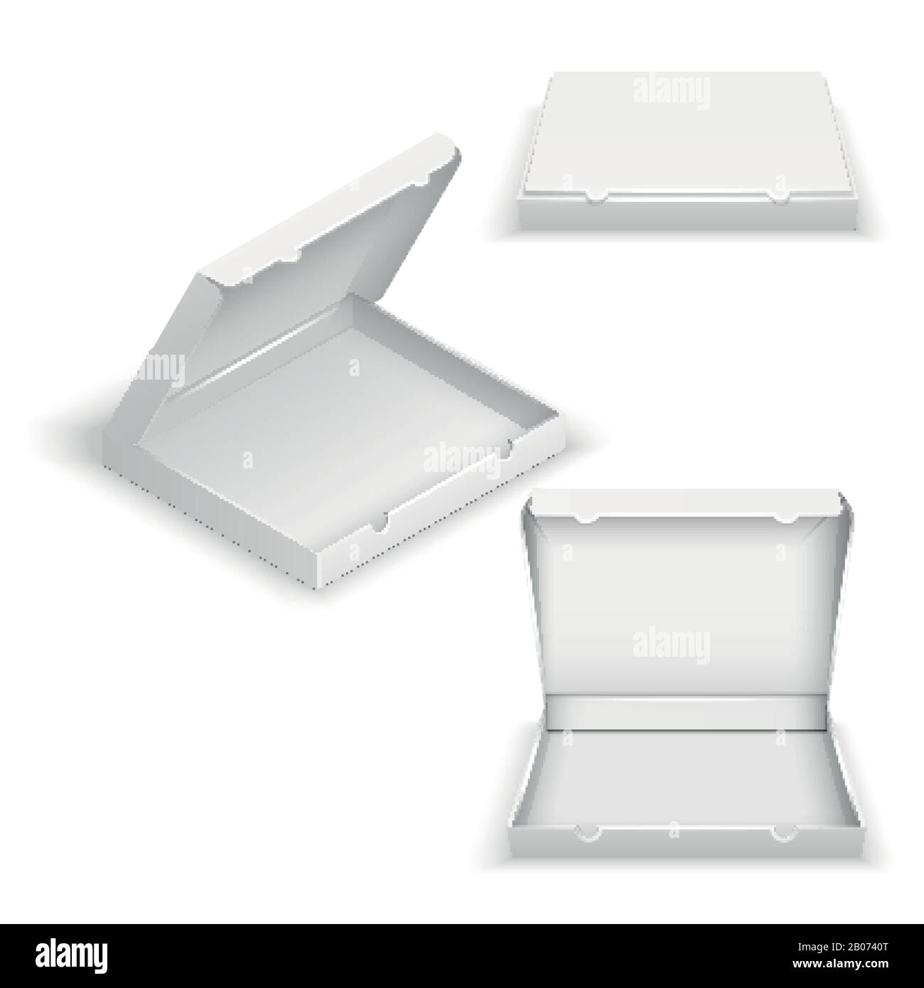 Boîtes à pizza vides réalistes isolées sur illustration vectorielle blanche. Conteneur vide de poche pour ranger les aliments Illustration de Vecteur