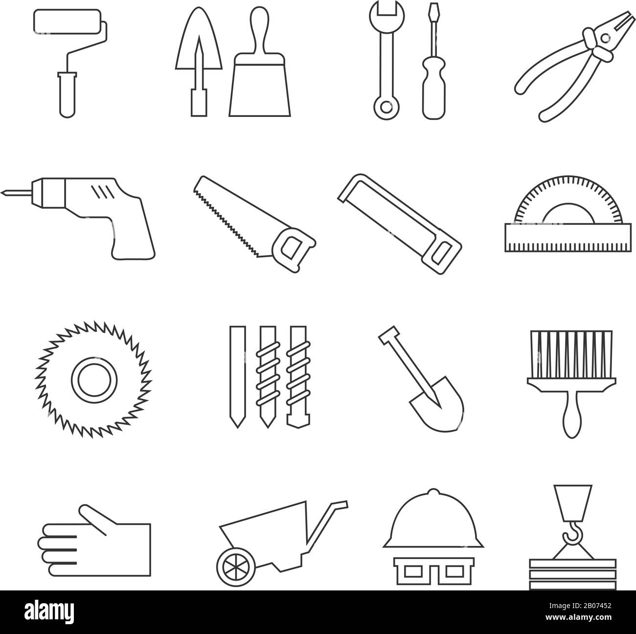 Outils de construction de lignes minces, icônes vectorielles de réparation à domicile, symboles de boîte à outils. Truelle et scie, casque et perceuse, rouleau et brouette dans l'illustration de style linéaire Illustration de Vecteur