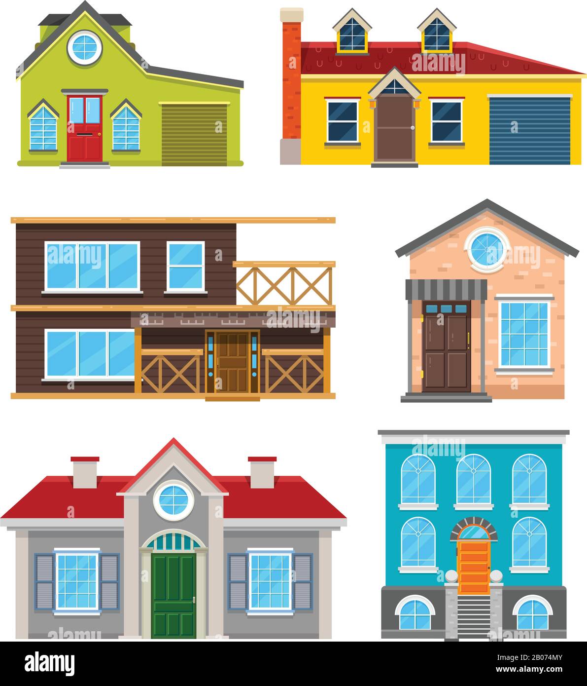 Cottage House plates icônes vectorielles. Bâtiment d'architecture, maison avec illustration de porte et de fenêtre Illustration de Vecteur