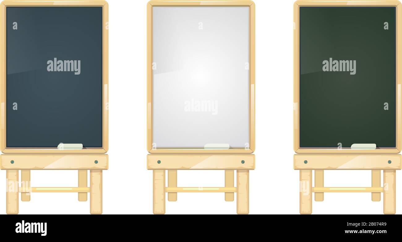 Dessin animé noir, blanc et vert des tableaux noirs de l'école sur le stand en bois vecteur set. Tableau de surveillance pour l'illustration de la salle de classe intérieure Illustration de Vecteur