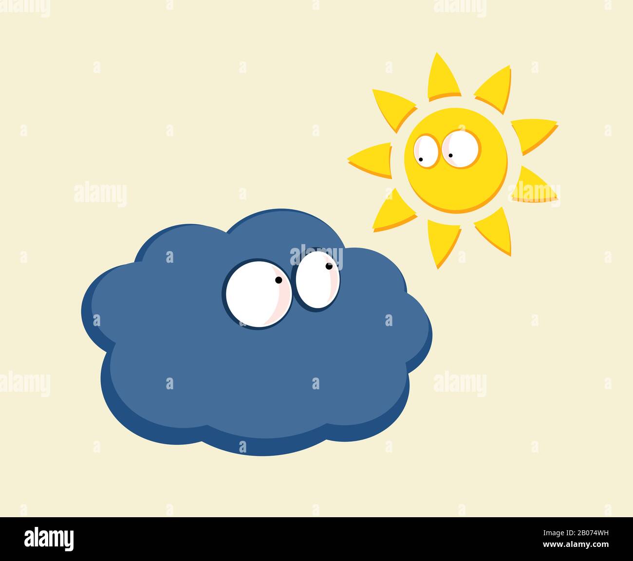 Drôle de dessin animé soleil et nuage regardant. Joli personnage dans le ciel, illustration vectorielle Illustration de Vecteur
