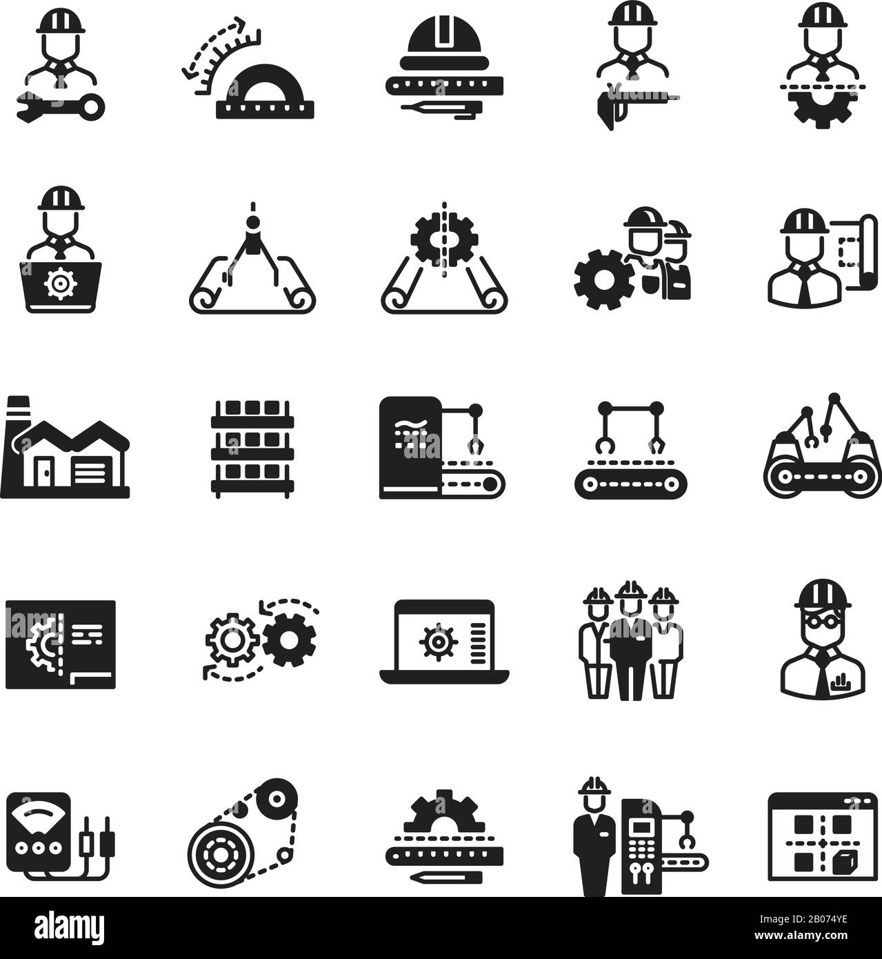 Ensemble d'icônes vectorielles industrielles de fabrication d'ingénierie. Convoyeur de traitement mécanique, fonctionnement automatique illustration de traitement Illustration de Vecteur