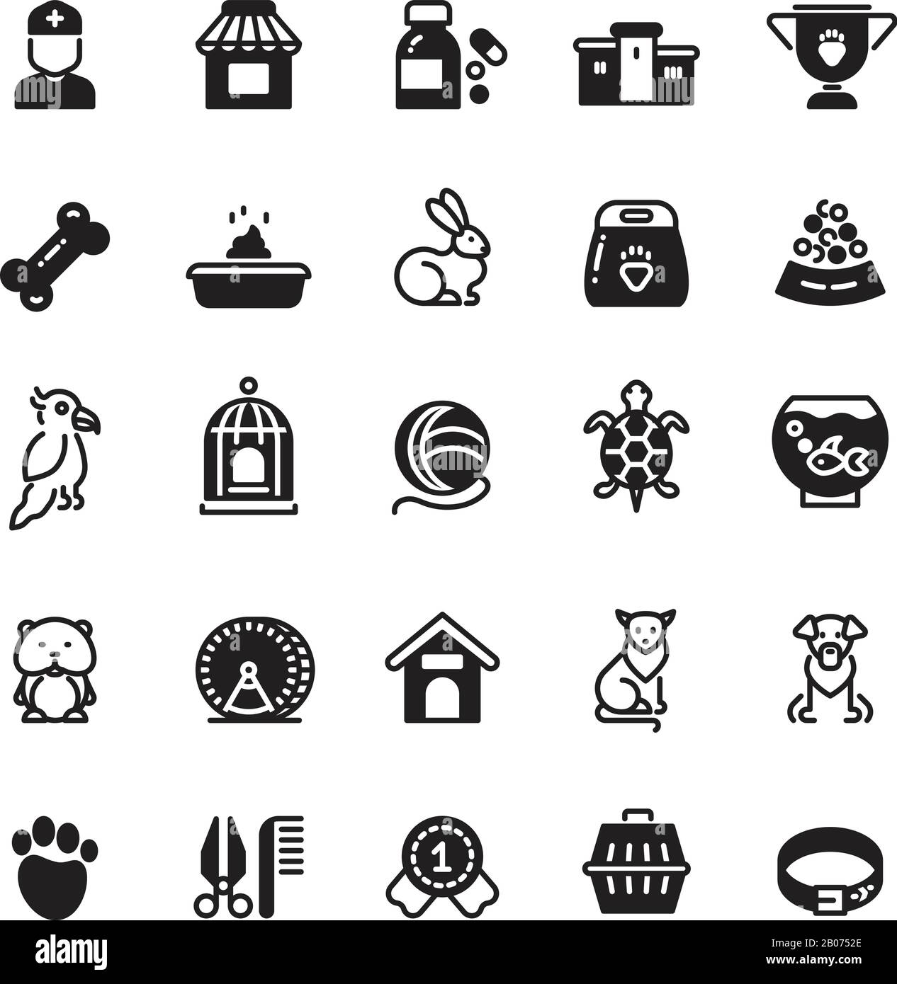 Animaux de compagnie icônes noires. Poisson et chien, chat et hamster, lapin et tortue, illustration vectorielle Illustration de Vecteur