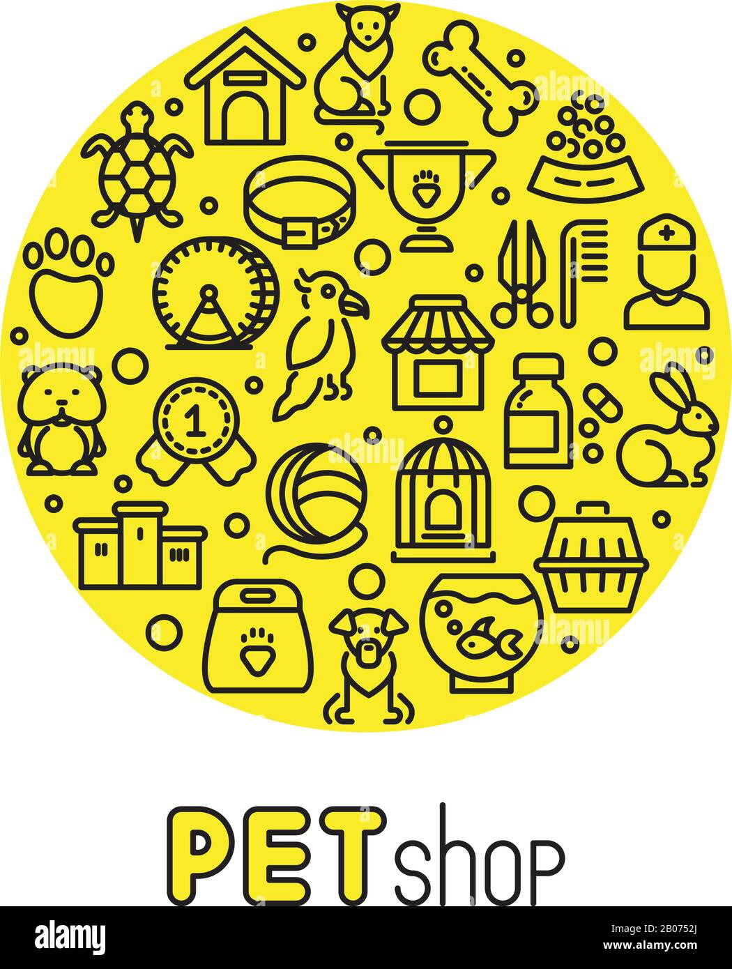PET shop et vétérinaire clinique vectoriel logo avec des icônes de ligne de chats, chiens, produits pour animaux. Chenil linéaire et aquarium pour l'illustration d'animaux domestiques Illustration de Vecteur