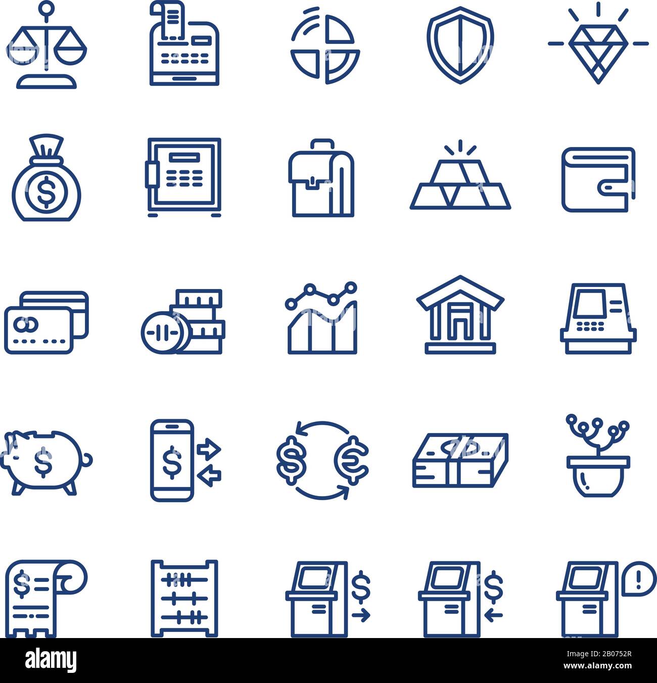 Les icônes de ligne fine vectorielles Business des paiements de financement monétaire sont définies. Technologie bancaire, illustration des devises Illustration de Vecteur
