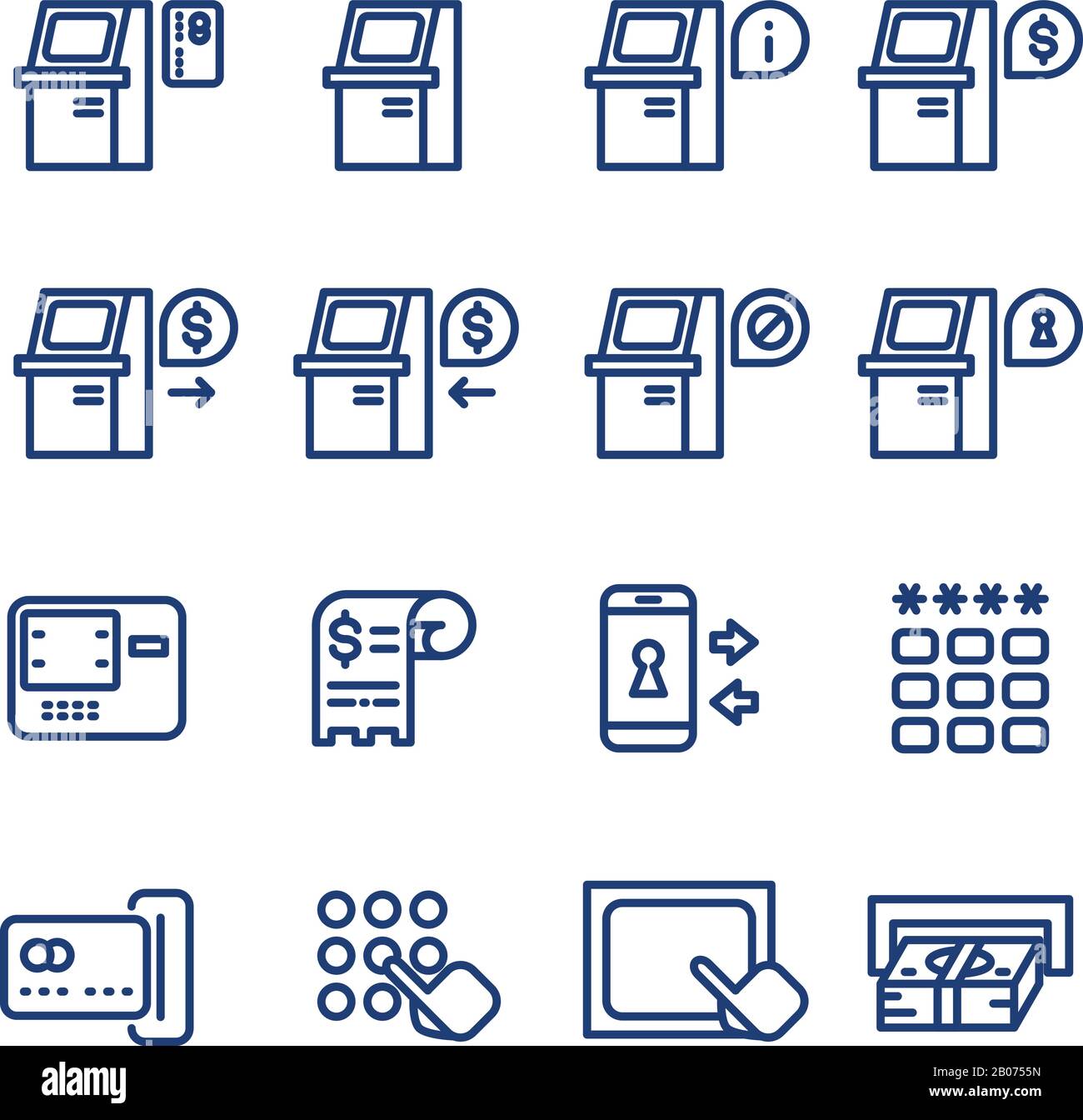 Ensemble d'icônes de ligne fine à vecteur de terminal ATM. Services bancaires et monétaires, illustration des transactions de paiement de financement Illustration de Vecteur