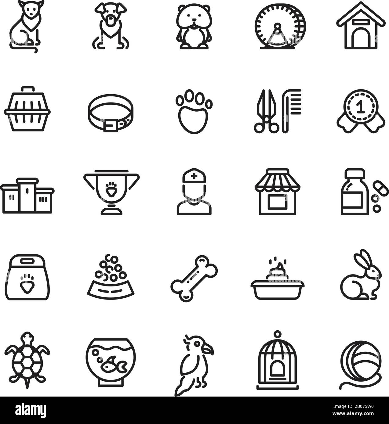 PET Shop, animaux à lignes minces icônes vectorielles, contours symboles vétérinaire. Illustration du poisson et du chat, du perroquet et du hamster Illustration de Vecteur