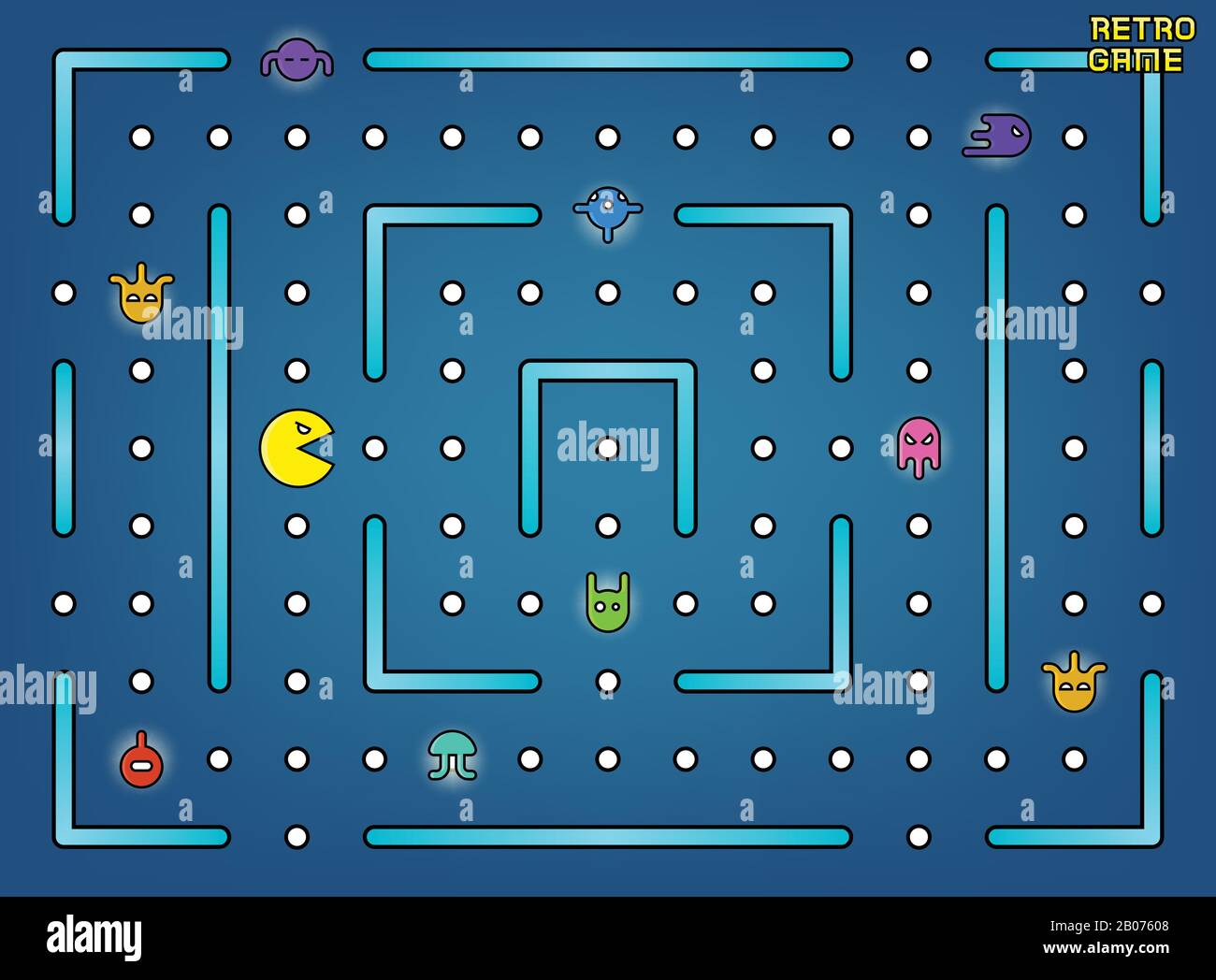 Pacman comme jeux vidéo arcade avec fantômes, labyrinthe et vecteur d'interface utilisateur. Jeu rétro avec illustration de monstre de dessin animé Illustration de Vecteur