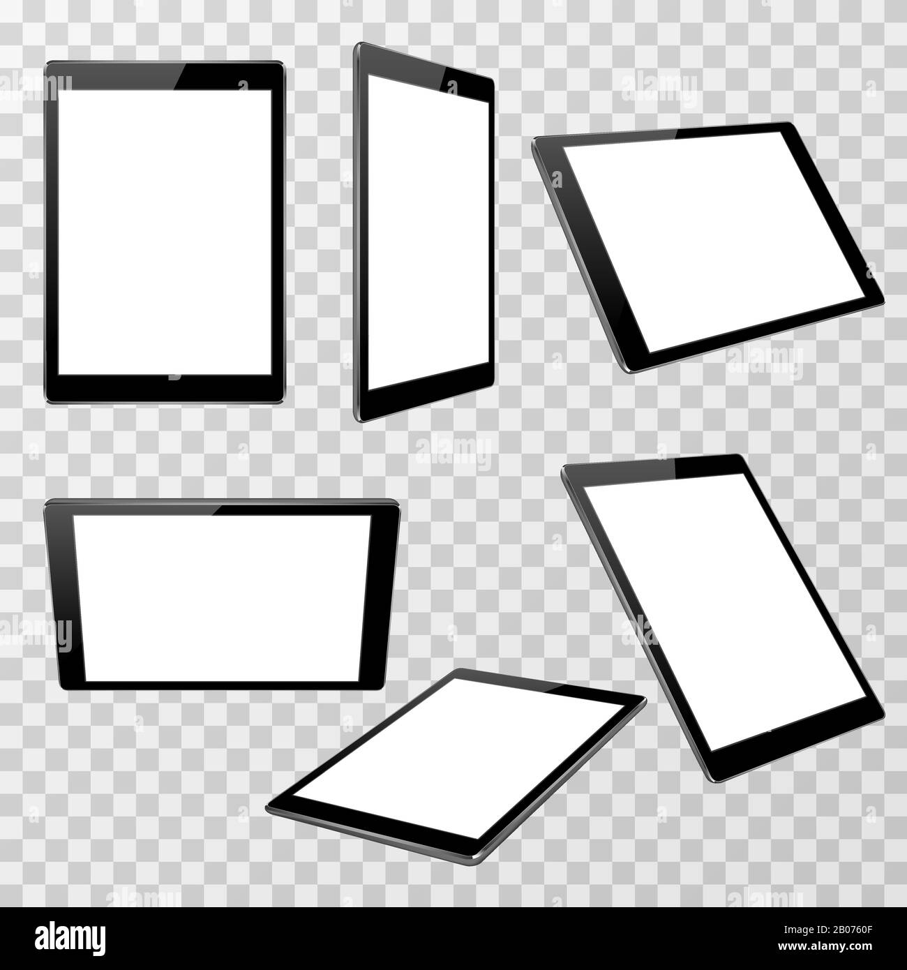 Modèle vectoriel de tablette noir réaliste isolé sur un arrière-plan à damier transparent dans un point de vue différent. Dispositif avec illustration de l'écran tactile Illustration de Vecteur