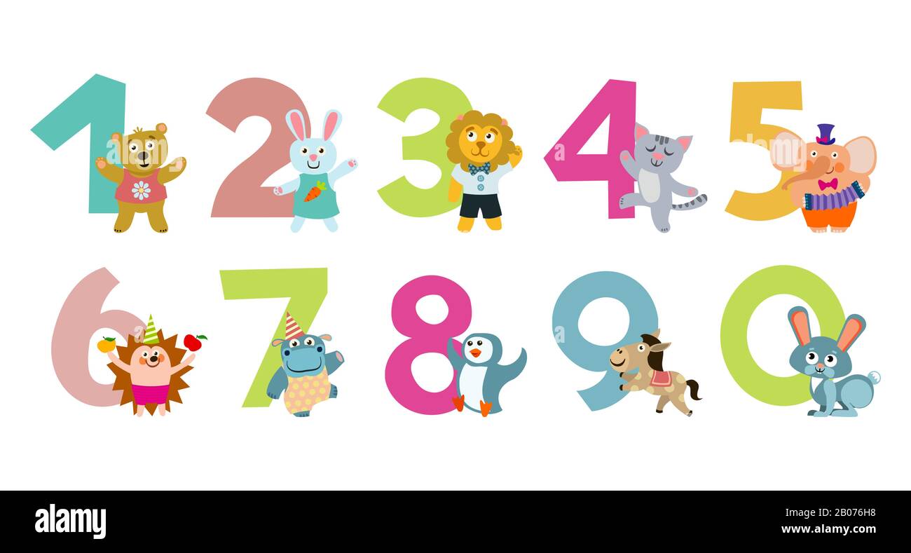 Numéros d'enfants avec des animaux de bande dessinée pour l'éducation. Illustration vectorielle Illustration de Vecteur