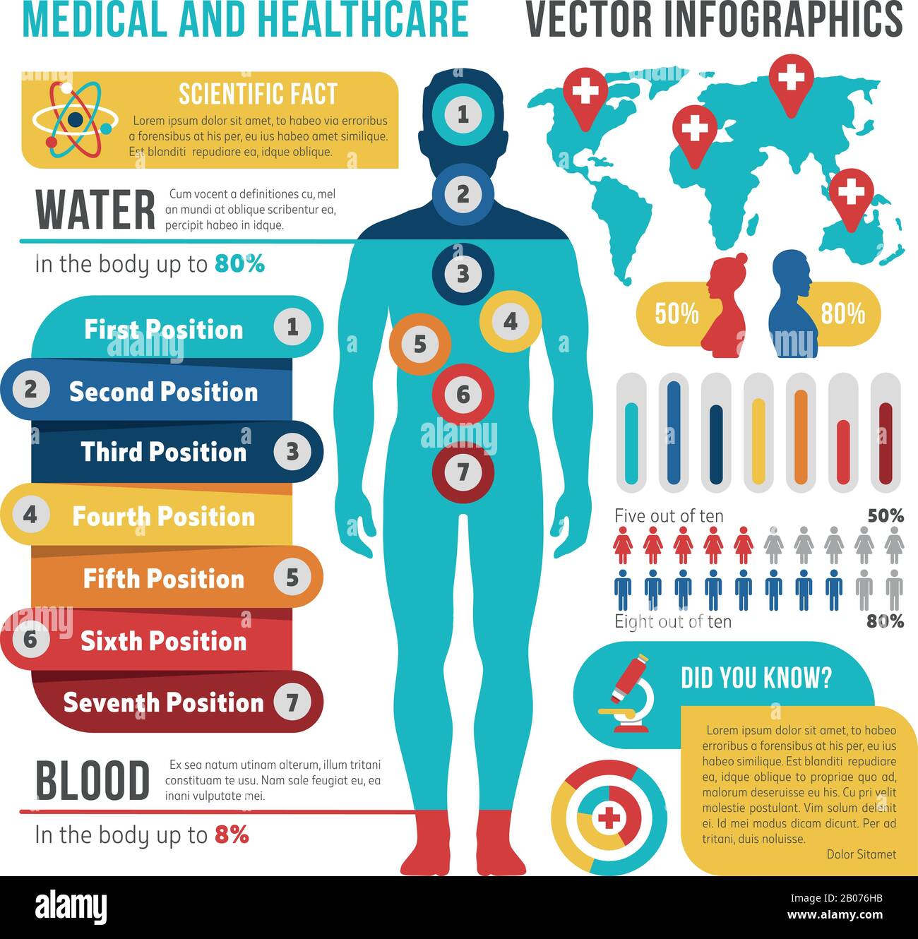 Infographies vectorielles médicales et médicales avec le corps humain. Présentation du rapport d'information sur l'illustration des personnes en santé Illustration de Vecteur