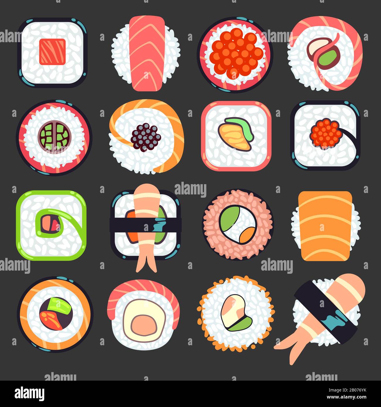 Illustration vectorielle de sushi de cuisine japonaise, jeu de rouleaux de fruits de mer de type Illustration de Vecteur