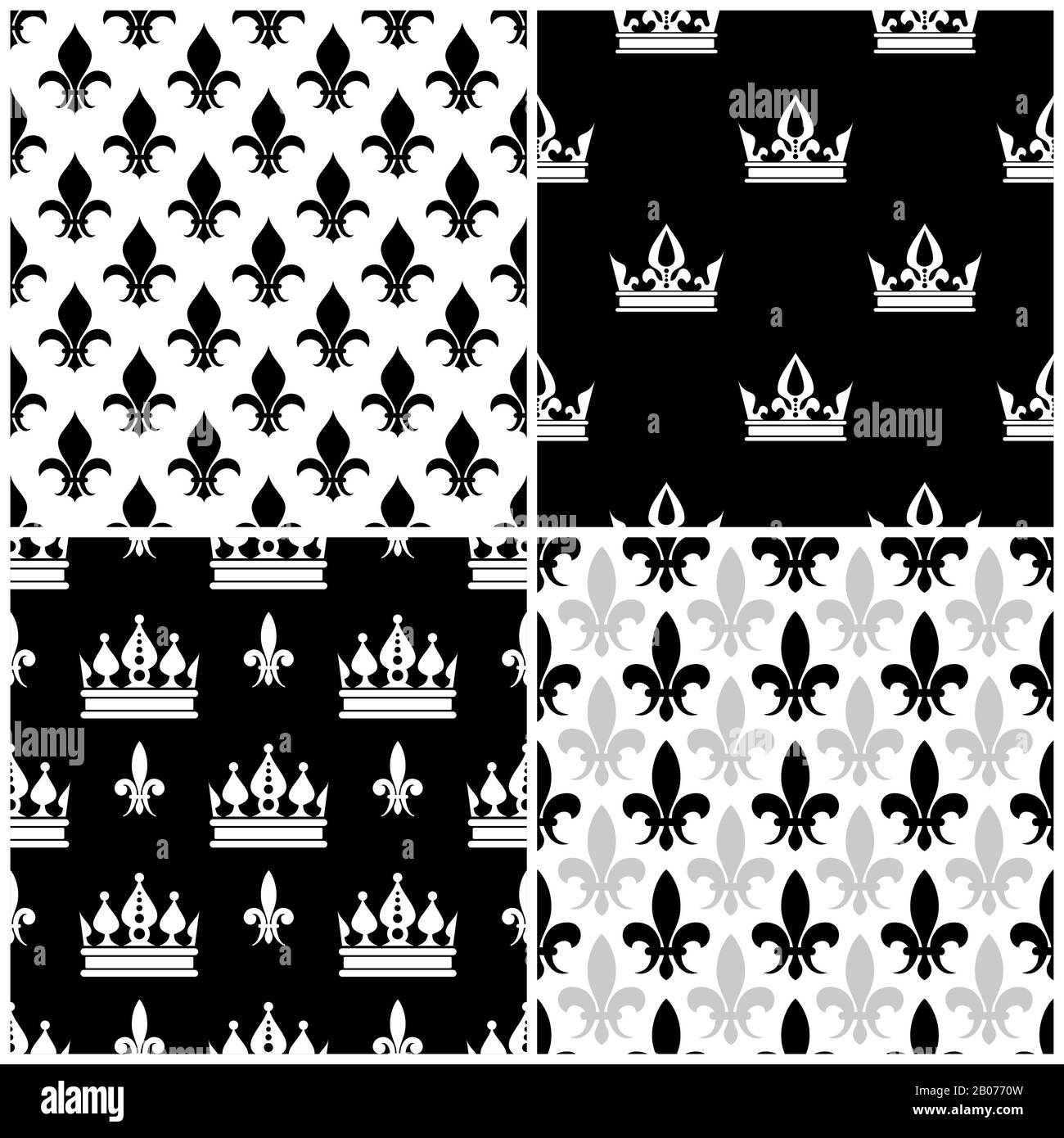 Les couronnes vectorielles et les motifs sans couture de fleur de lis sont définis dans une illustration en noir et blanc Illustration de Vecteur