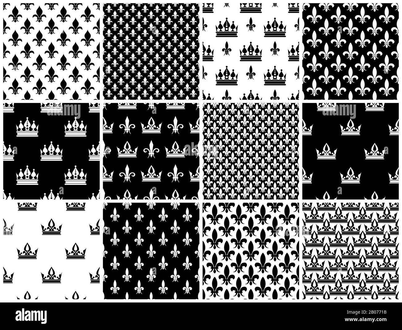 Couronnes vectorielles et motifs sans couture fleur de lis, définis en blanc noir. Décoration de papier peint avec illustration de couronne Illustration de Vecteur