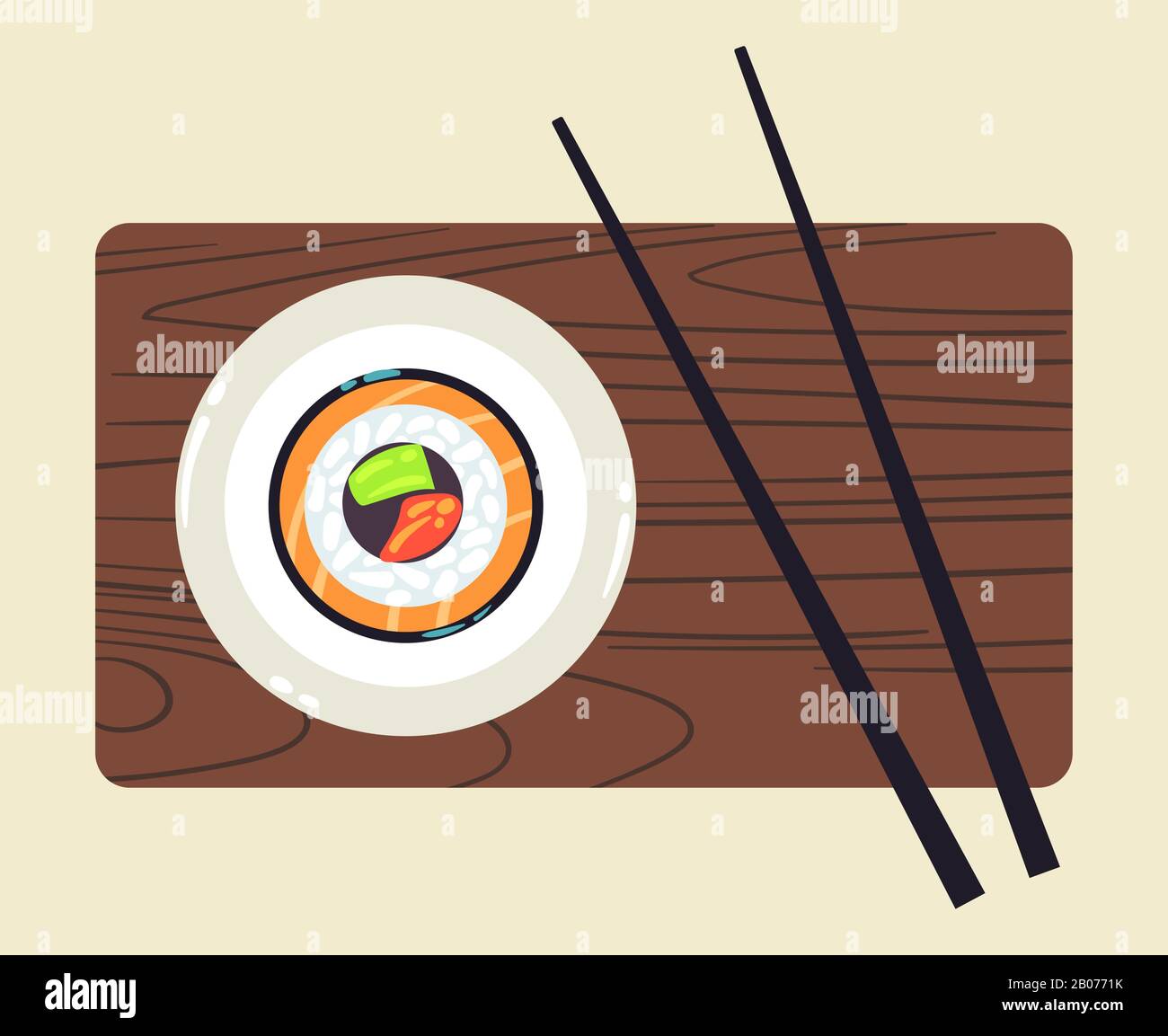 Sushi sur plaque en bois avec deux baguettes vectorielles illustration Illustration de Vecteur