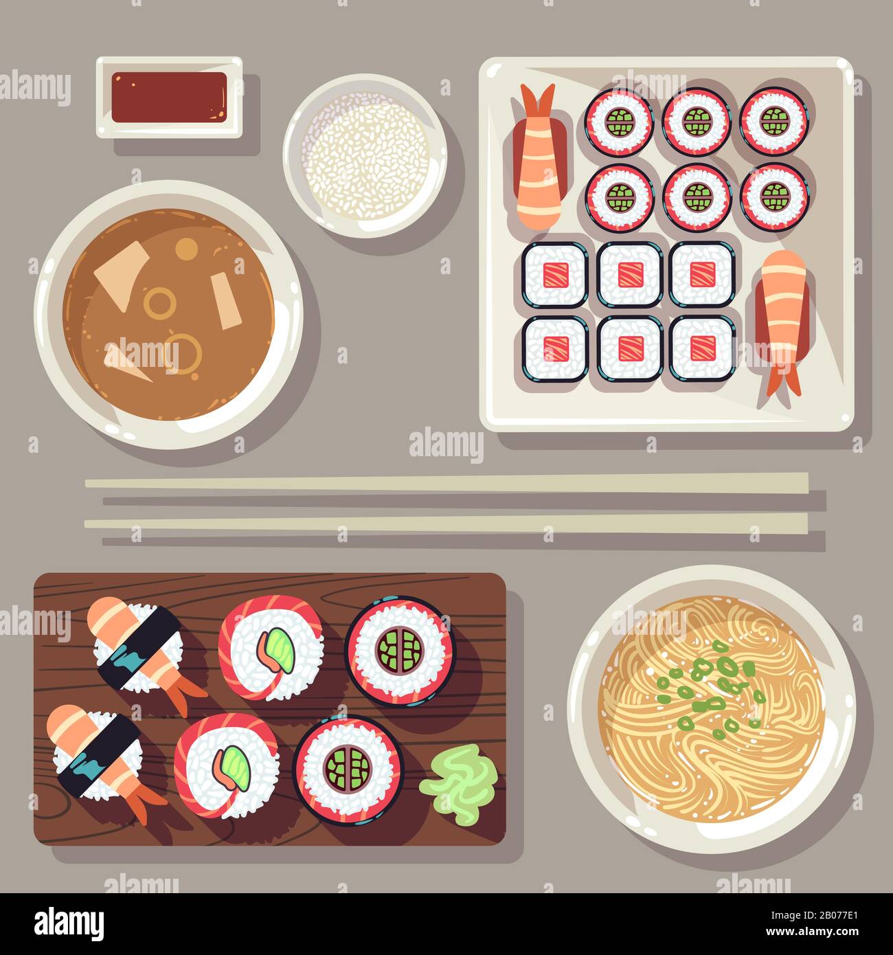 Illustration vectorielle alimentaire japonaise. Dîner de crevettes et de soupes sur place Illustration de Vecteur