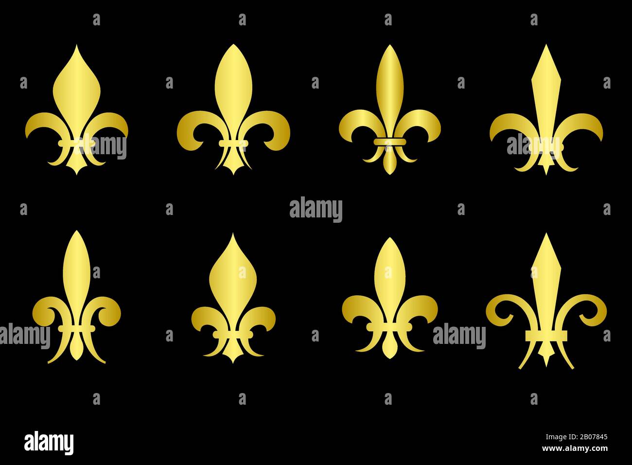 Golden fleur de lis set fond noir. Illustration de l'emblème héraldique d'or Illustration de Vecteur