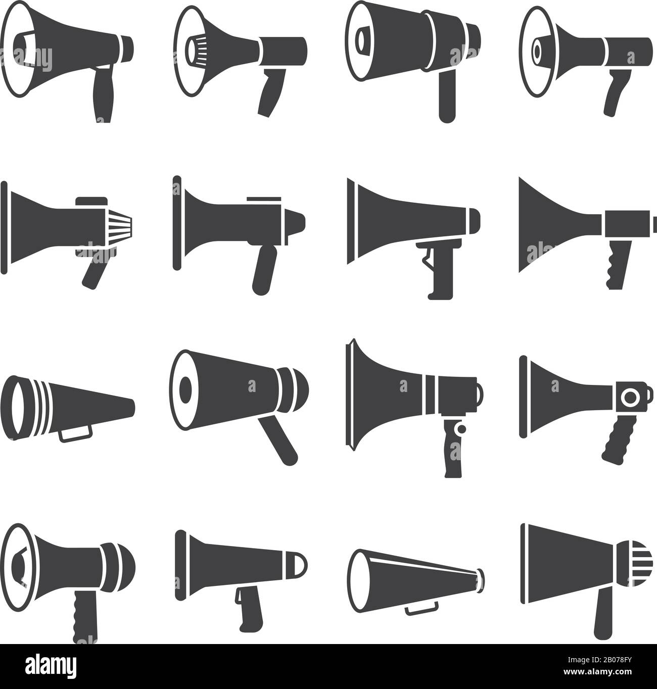 Mégaphone et annonce, haut-parleur, icônes vectorielles. Équipement de haut-parleur pour illustration de communication Illustration de Vecteur