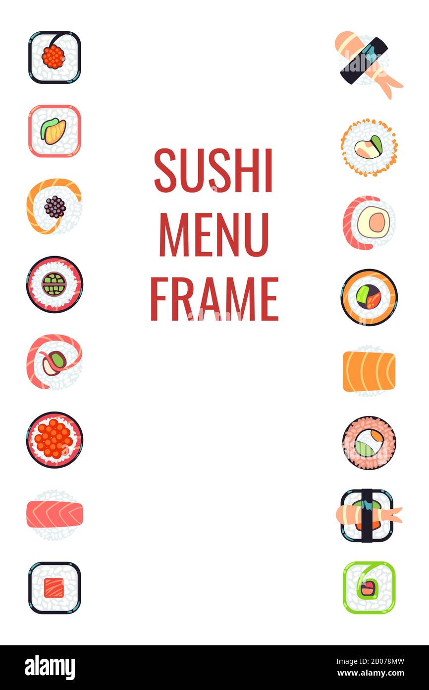 Cadre de menu de sushis japonais. Fruits de mer du restaurant, illustration vectorielle Illustration de Vecteur