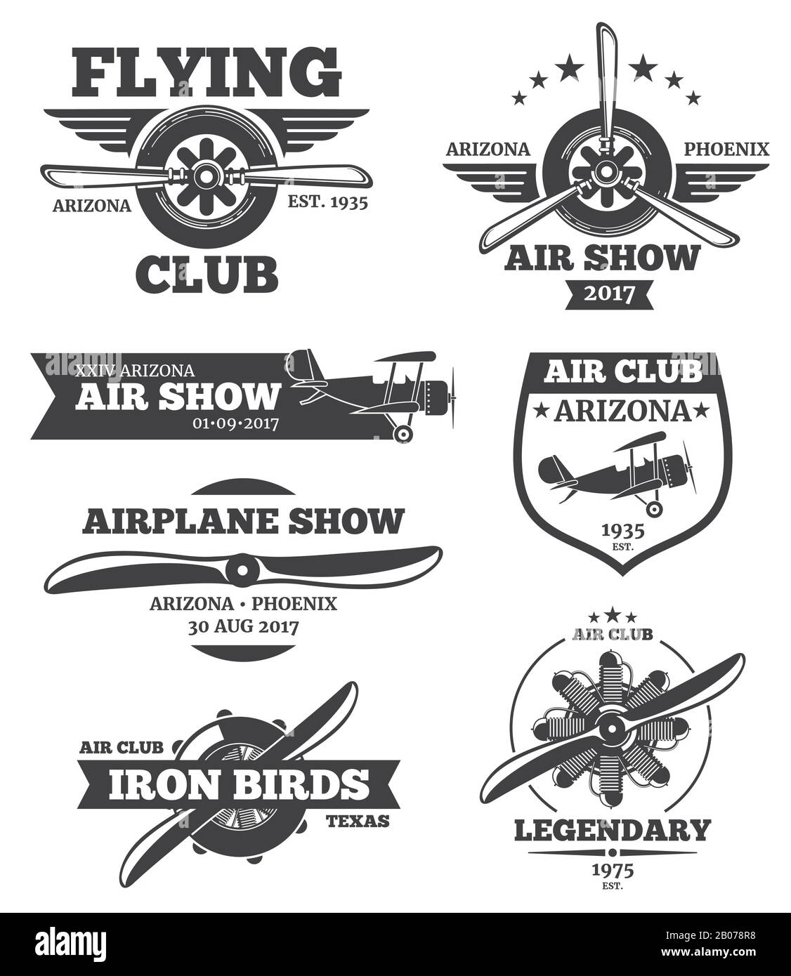 Badges d'aviation vectoriels, emblèmes du club avia, logos d'avion. Plan rétro avec hélice, illustration de l'emblème de l'étiquette de spectacle aérien Illustration de Vecteur