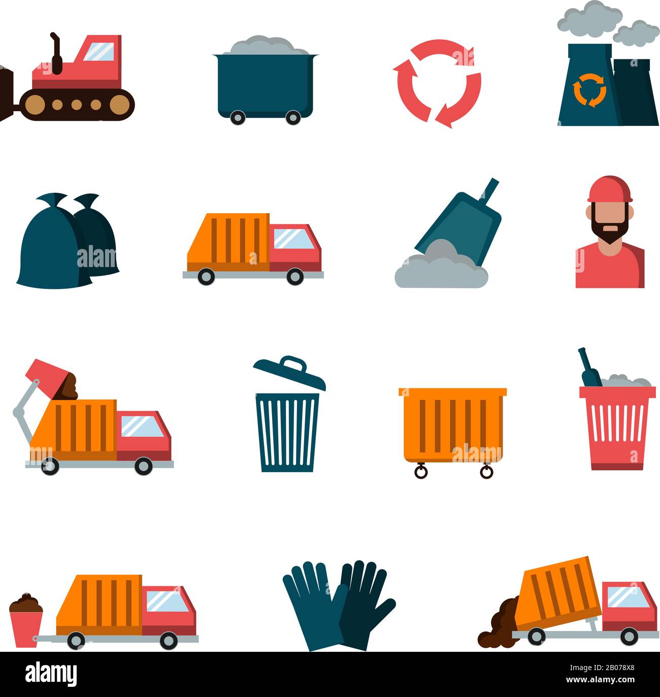 Icônes vectorielles plates de recyclage et de déchets. Illustration du service de collecte des ordures Illustration de Vecteur