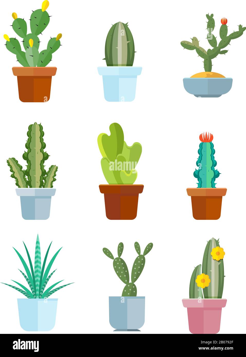 Caricature cactus, plantes du désert icônes vectorielles. Illustration des cactus mexicains fleuris Illustration de Vecteur
