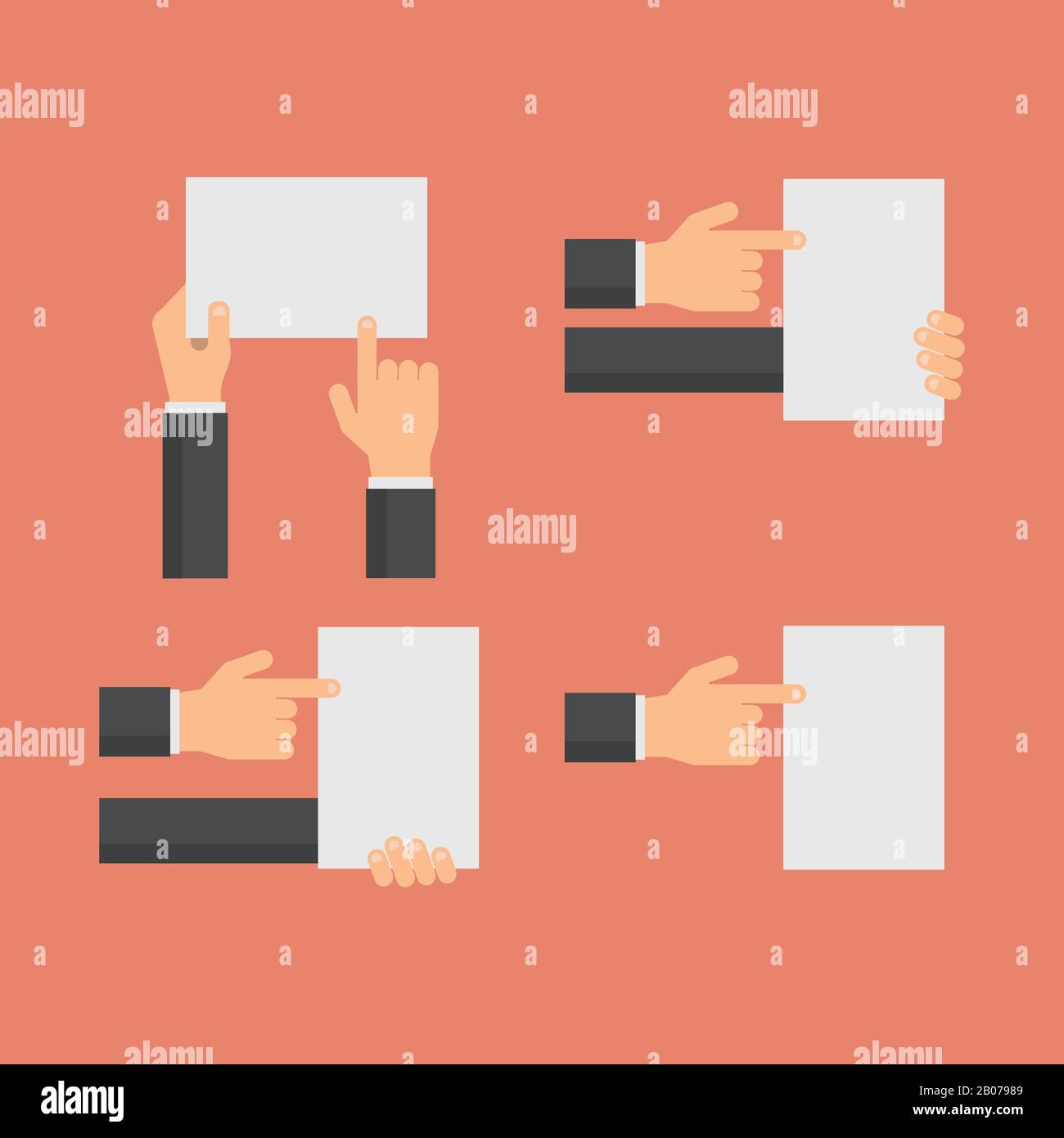 Mains tenant des bannières blanches vierges et des mains pointant vers un jeu de vecteurs plats de feuille de papier vide. Étiquette de présentation et illustration du panneau d'affichage vierge Illustration de Vecteur