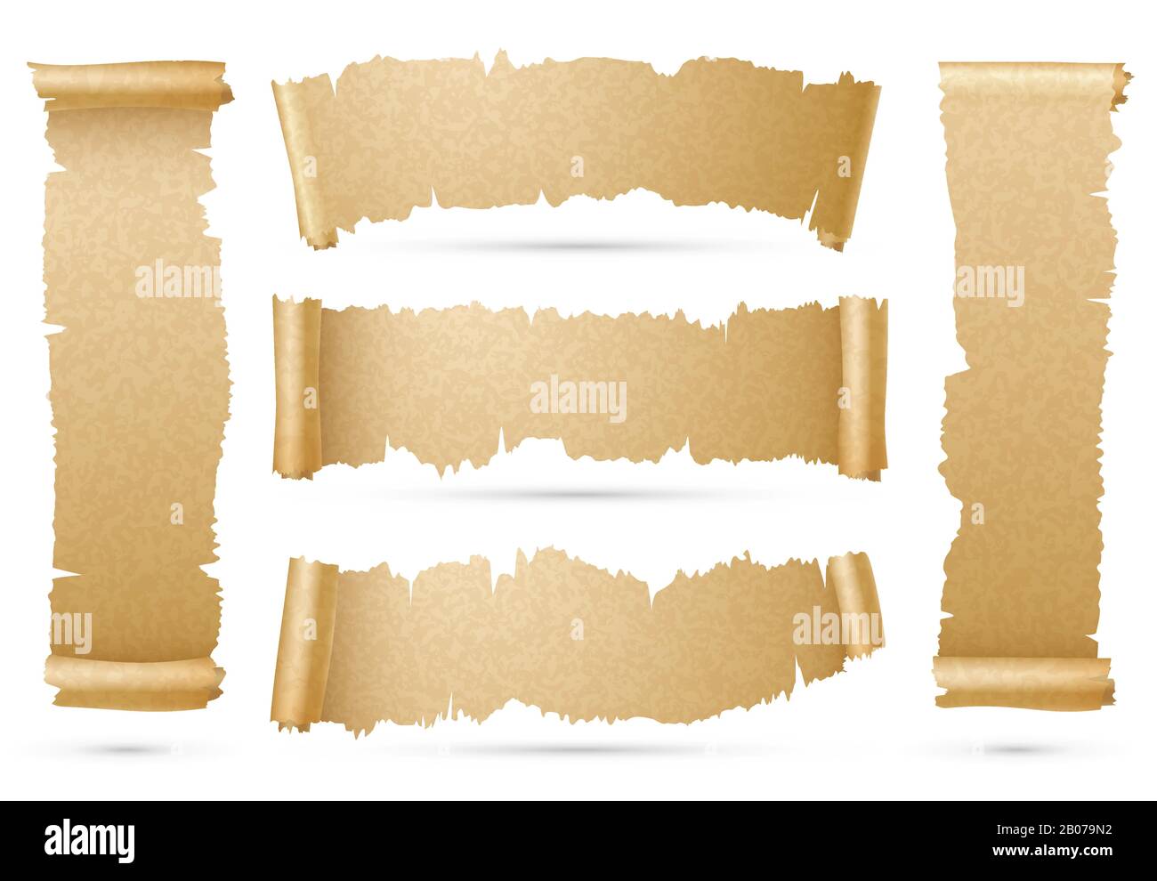 Ruban de défilement de papier vertical et horizontal banderoles scénario ensemble. Illustration d'une bande déchirée de papyrus Illustration de Vecteur