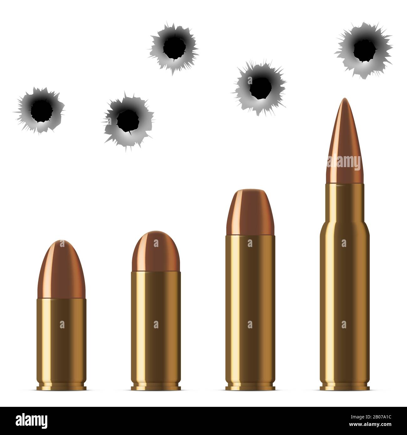 Balles de pistolet à tir vectoriel et trous de balle isolés sur fond blanc. Illustration des balles d'arme et du calibre des balles d'arme Illustration de Vecteur